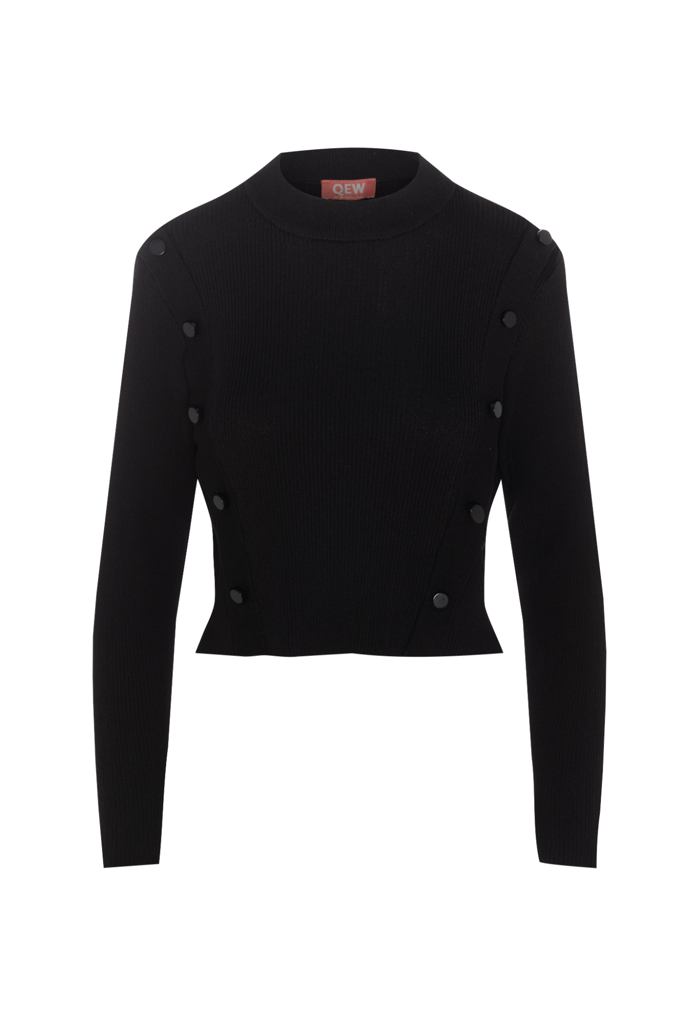 Cropped Ribbed Mock Neck Button Sweater in Black by QEW
