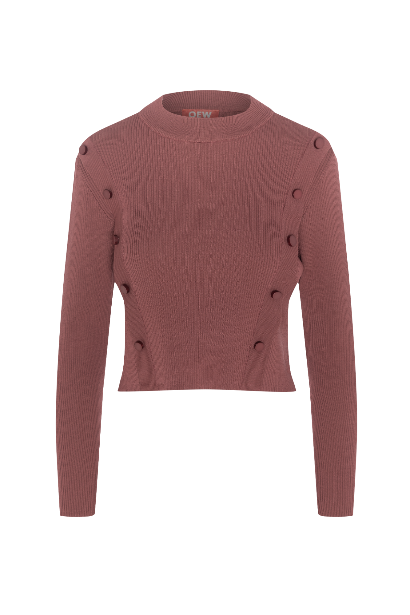 Cropped Ribbed Mock Neck Button Sweater in Champagne by QEW
