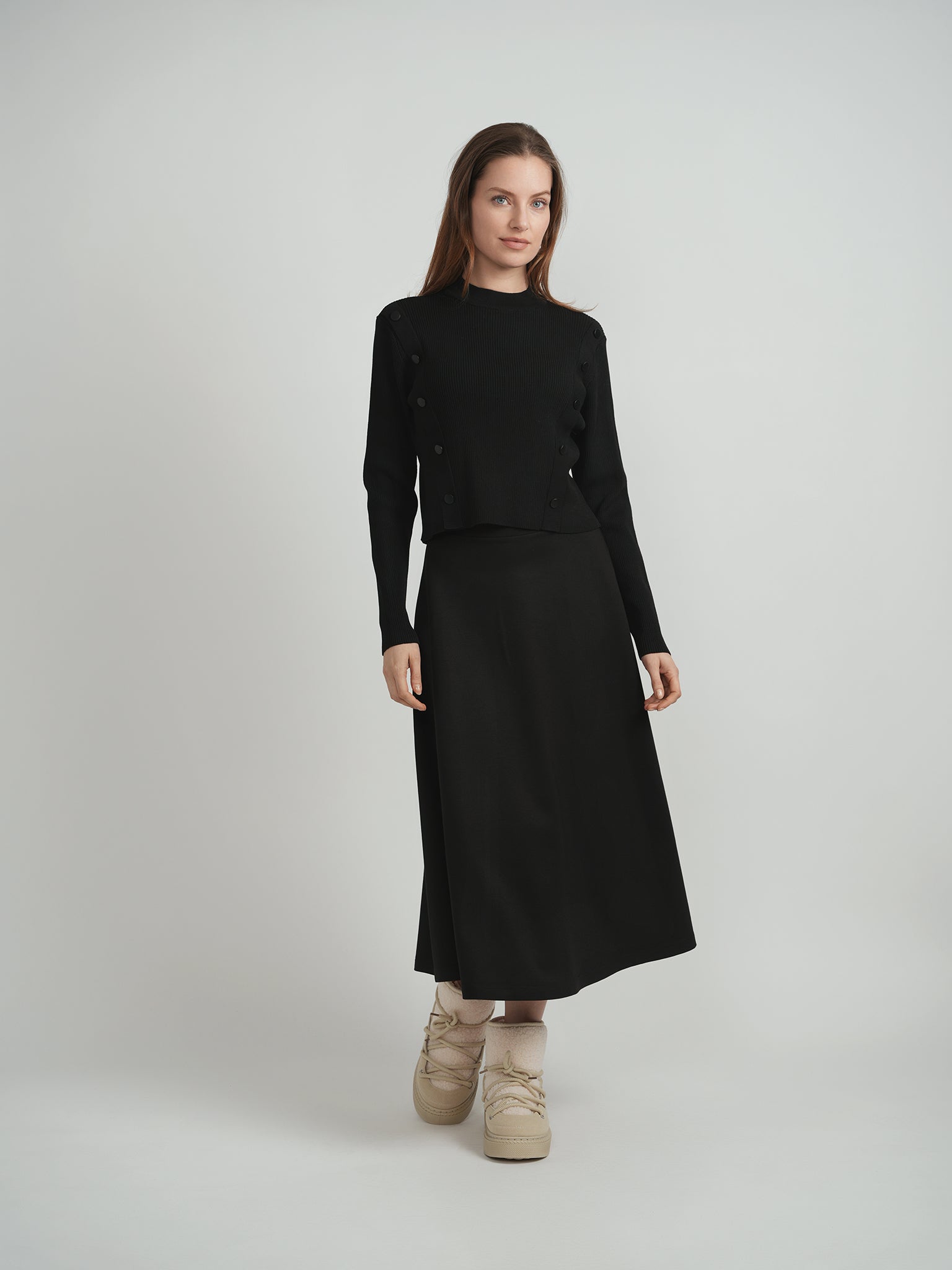 Cropped Ribbed Mock Neck Button Sweater in by QEW