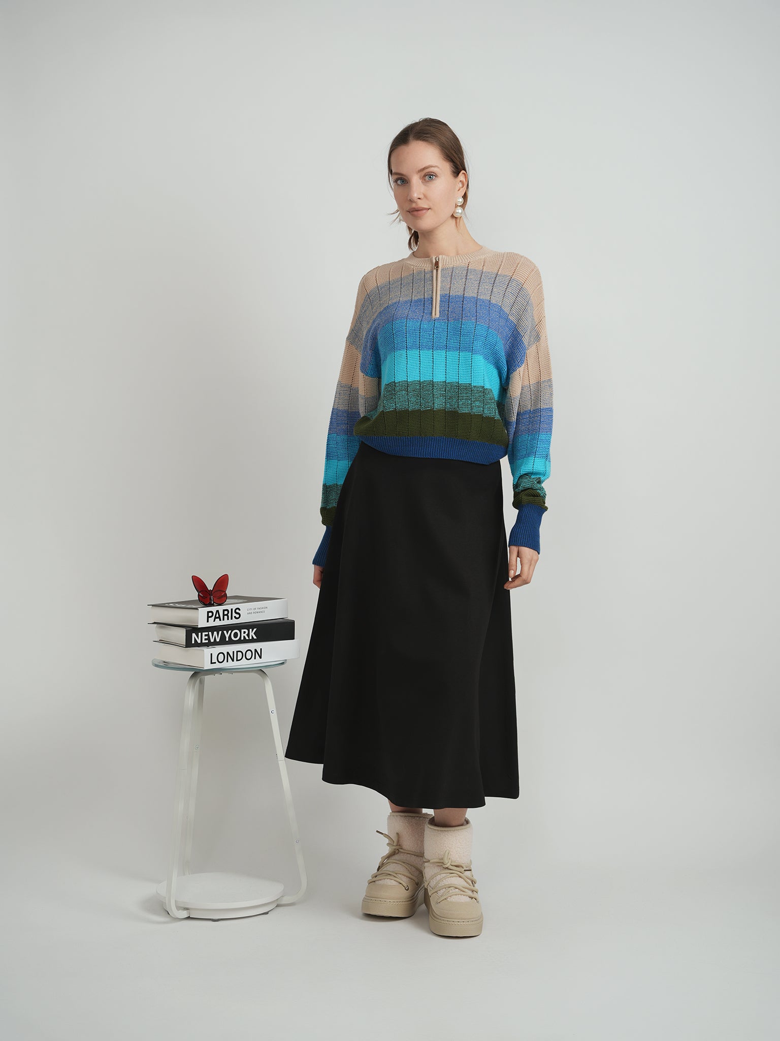 Cropped Striped Textured Knit Sweater in by Spades