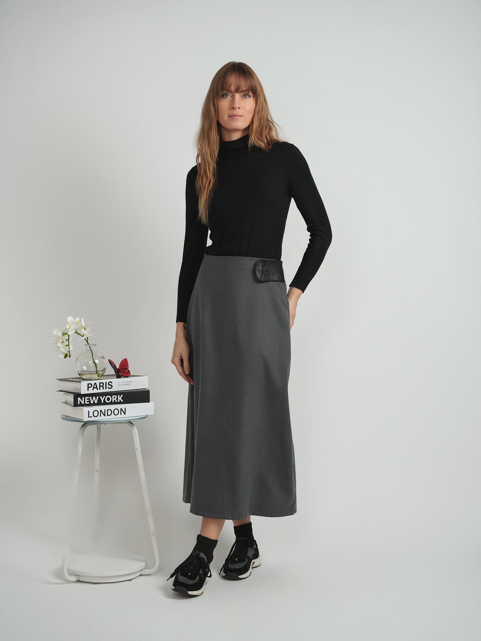 Cool Wool Midi A Line Strap Skirt in by Faves