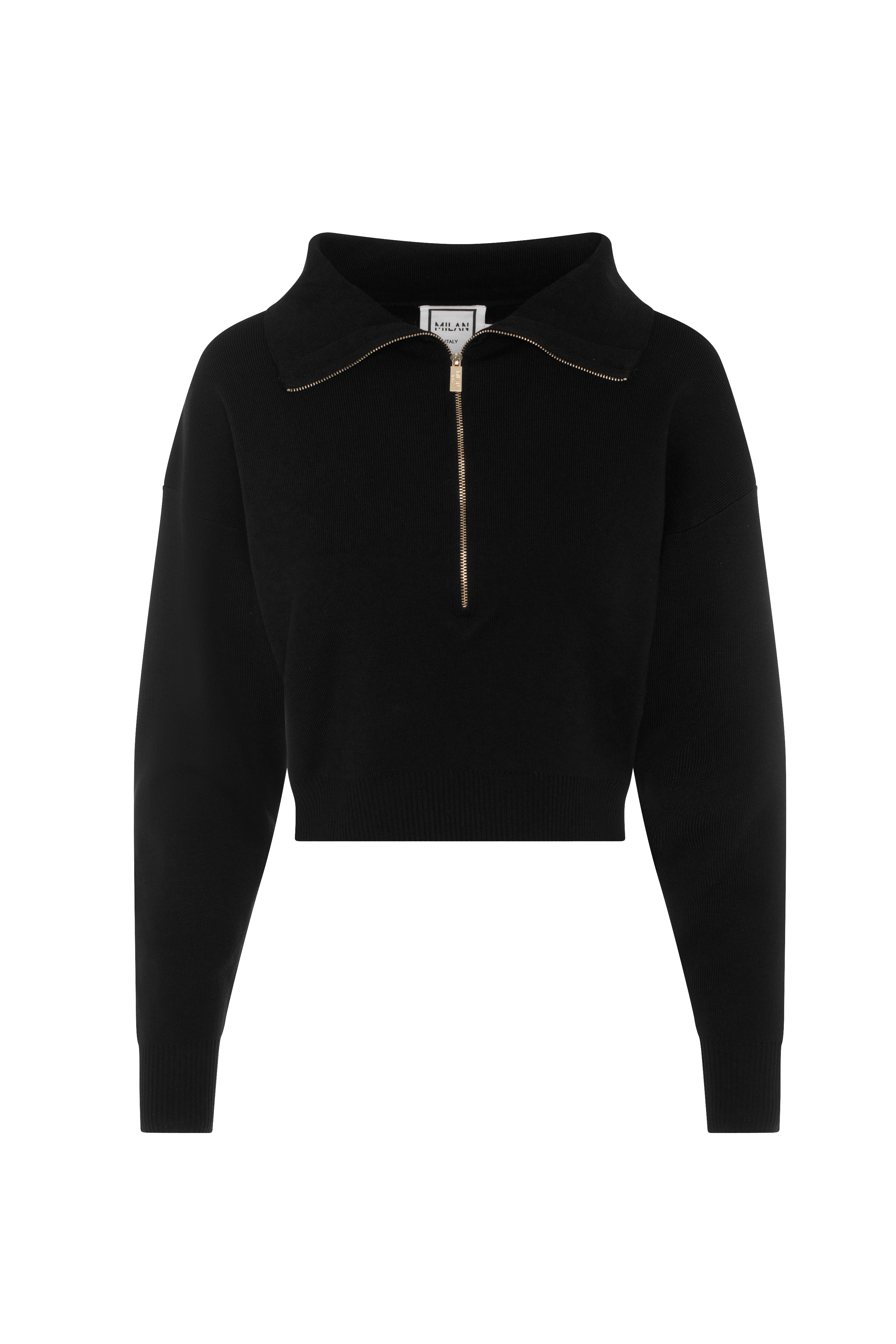 Cropped Dolman Zip Sweater in Black by Milan Italy