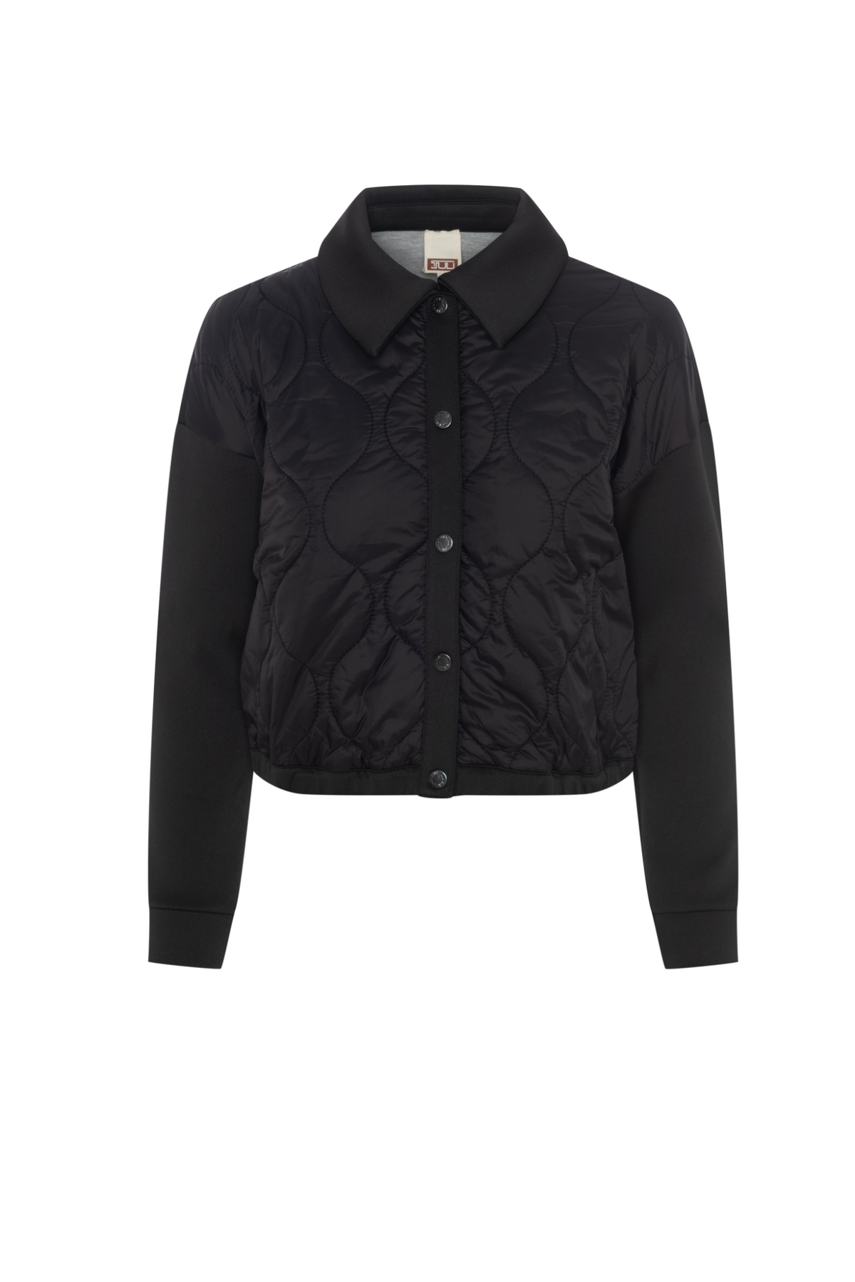 Cropped Quilted Scuba Combo Bomber Jacket in Black by Juli