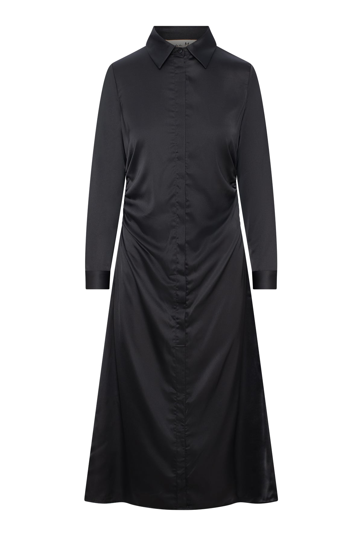 Satin Side Gathered Shirt Dress in Black by Coco de la Mour