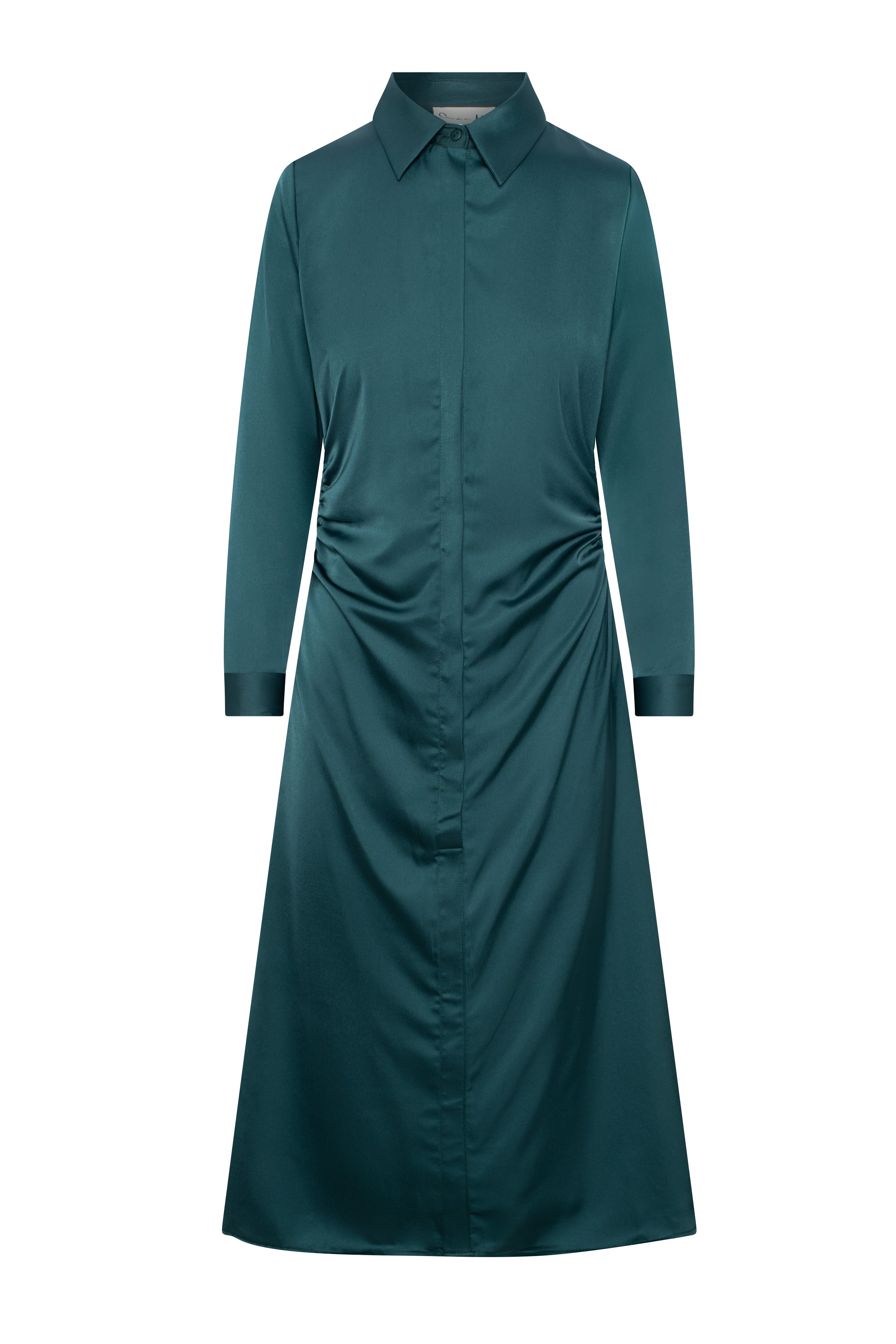 Satin Side Gathered Shirt Dress in deep teal by Coco de la Mour