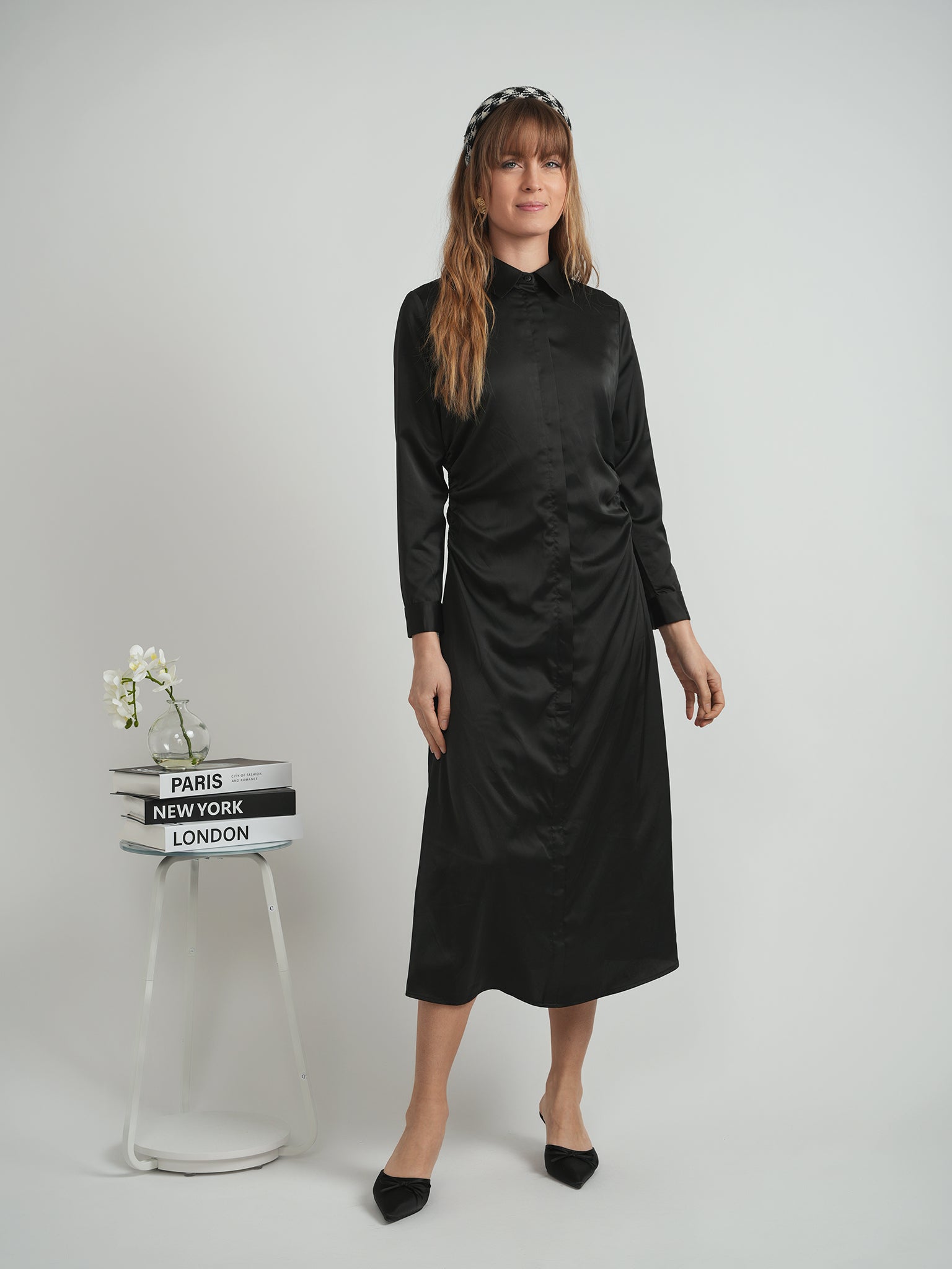 Satin Side Gathered Shirt Dress in by Coco de la Mour