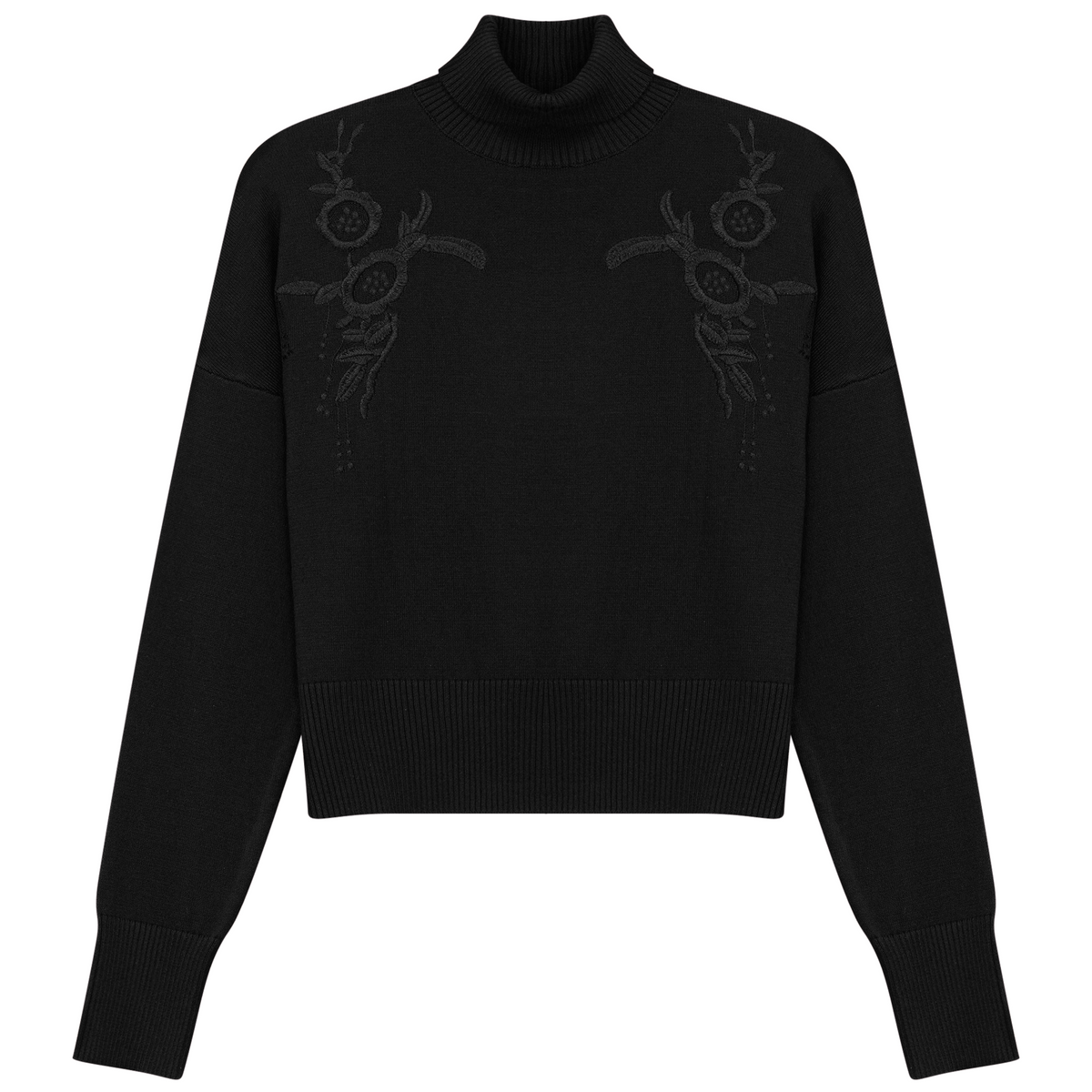 Mock Neck Applique Sweater in Black by Versatile