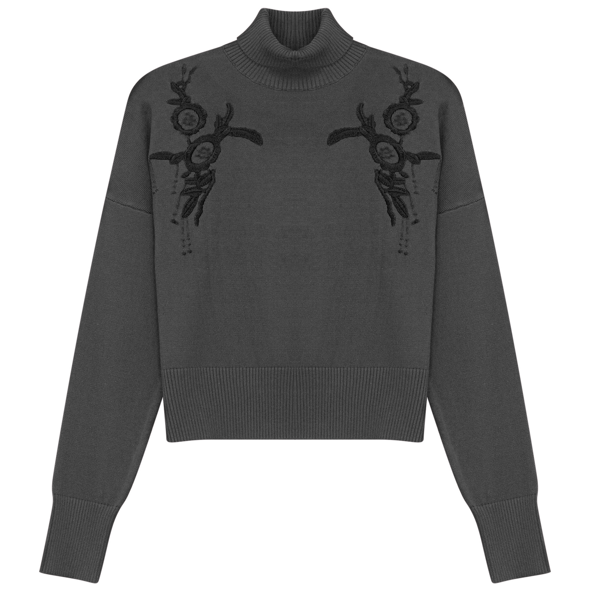 Mock Neck Applique Sweater in Dark Grey Mix by Versatile