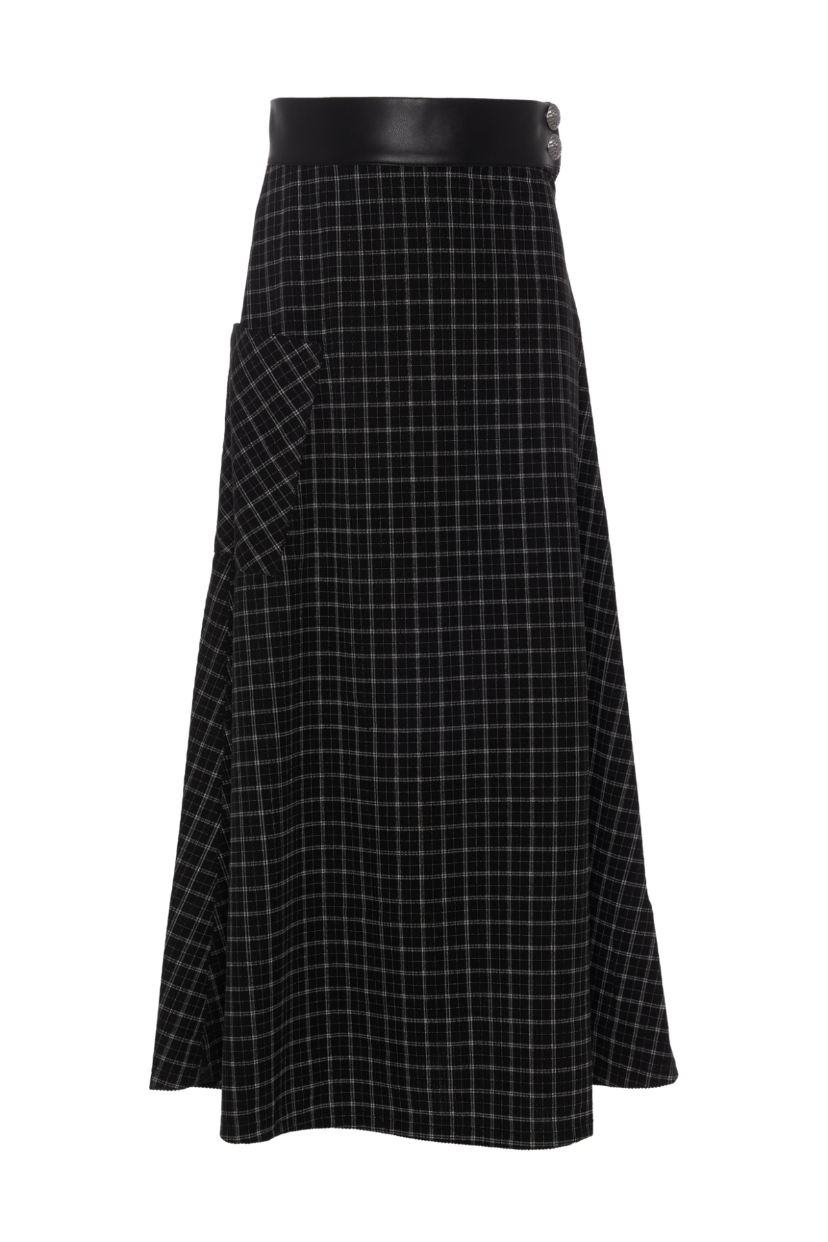 Plaid Corduroy Pocket Leather Skirt in Black Plaid by Oops