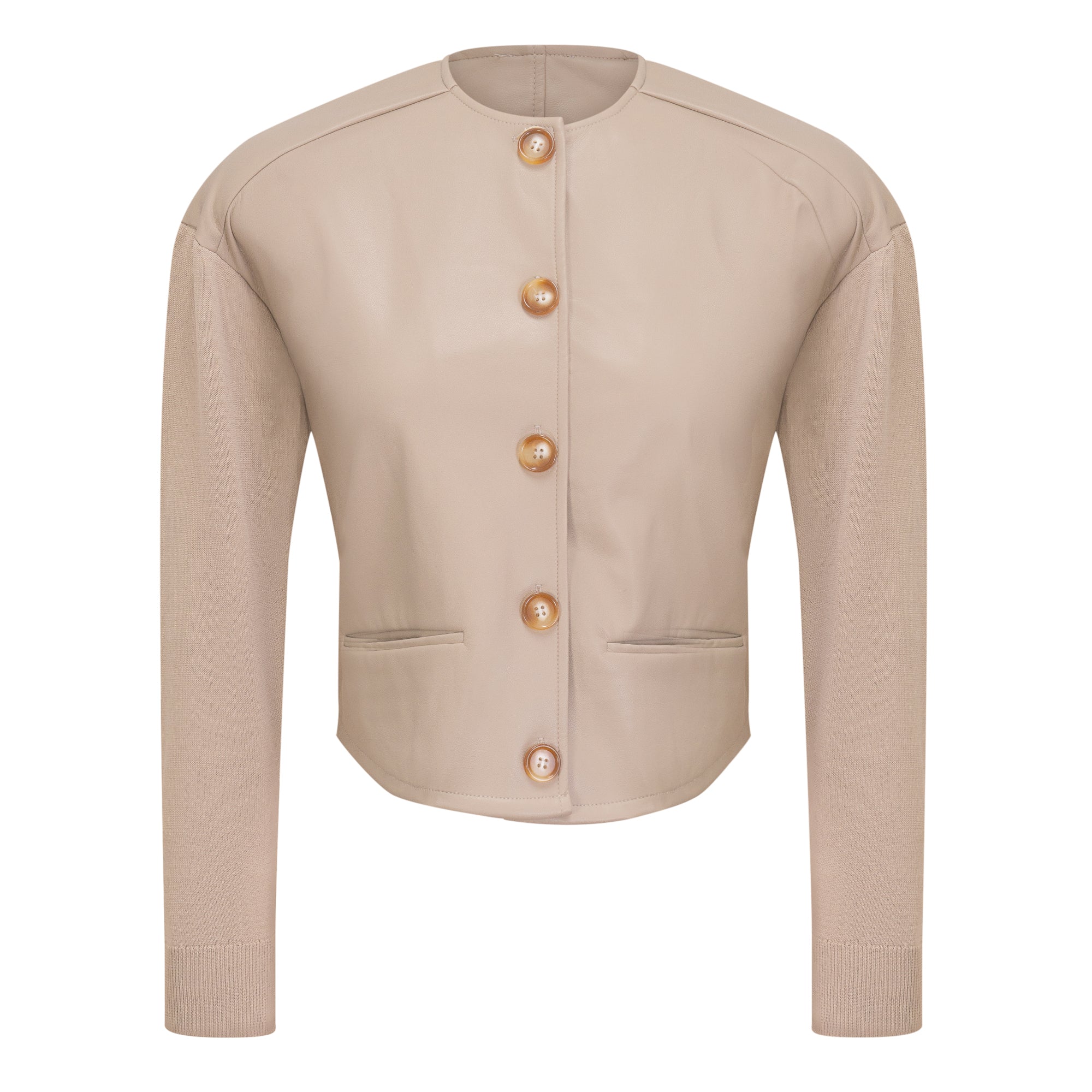 Cropped Leather Combo Jacket in Oatmeal by Versatile