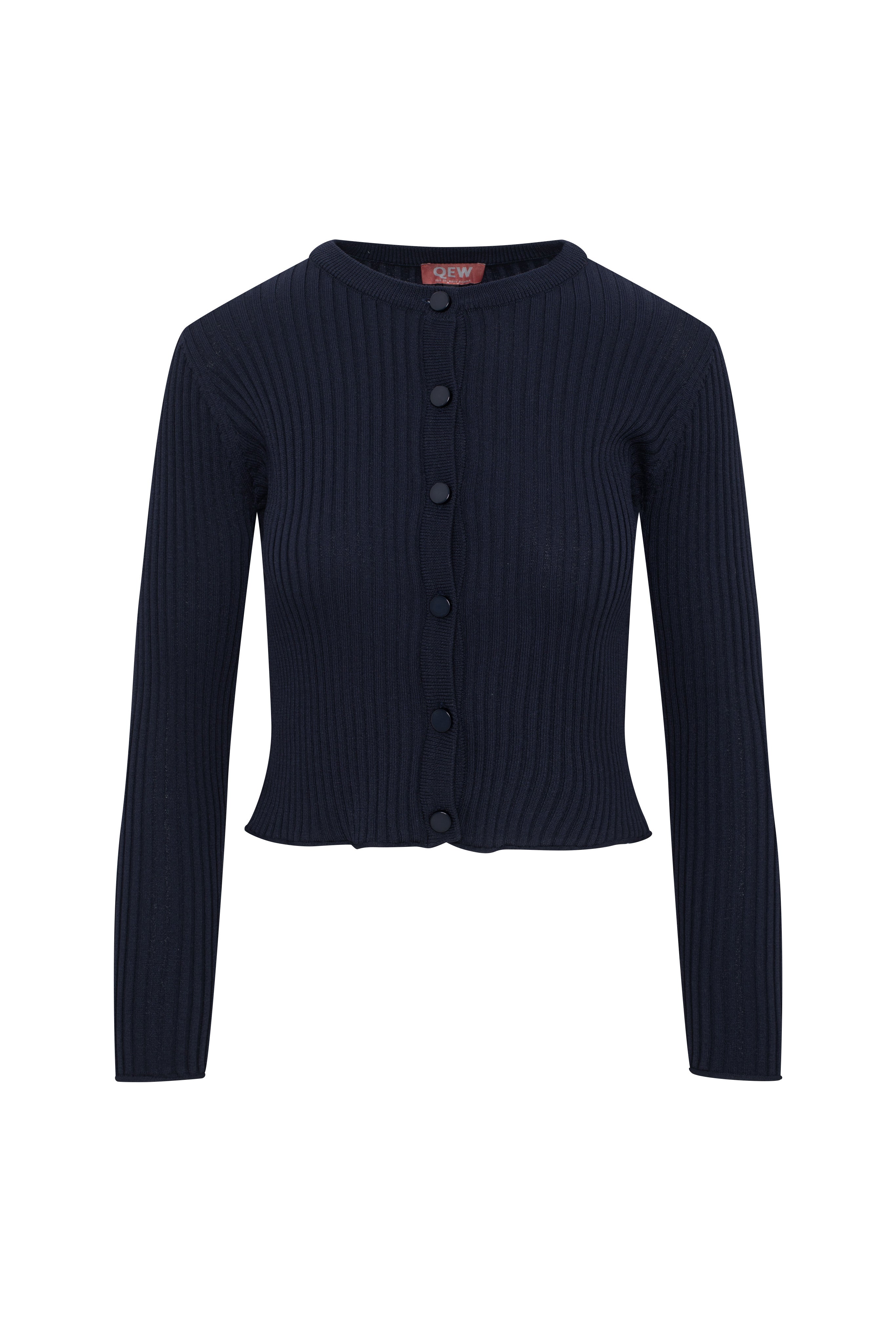 Wide Rib Cropped Knit Cardigan in Dark Navy by QEW