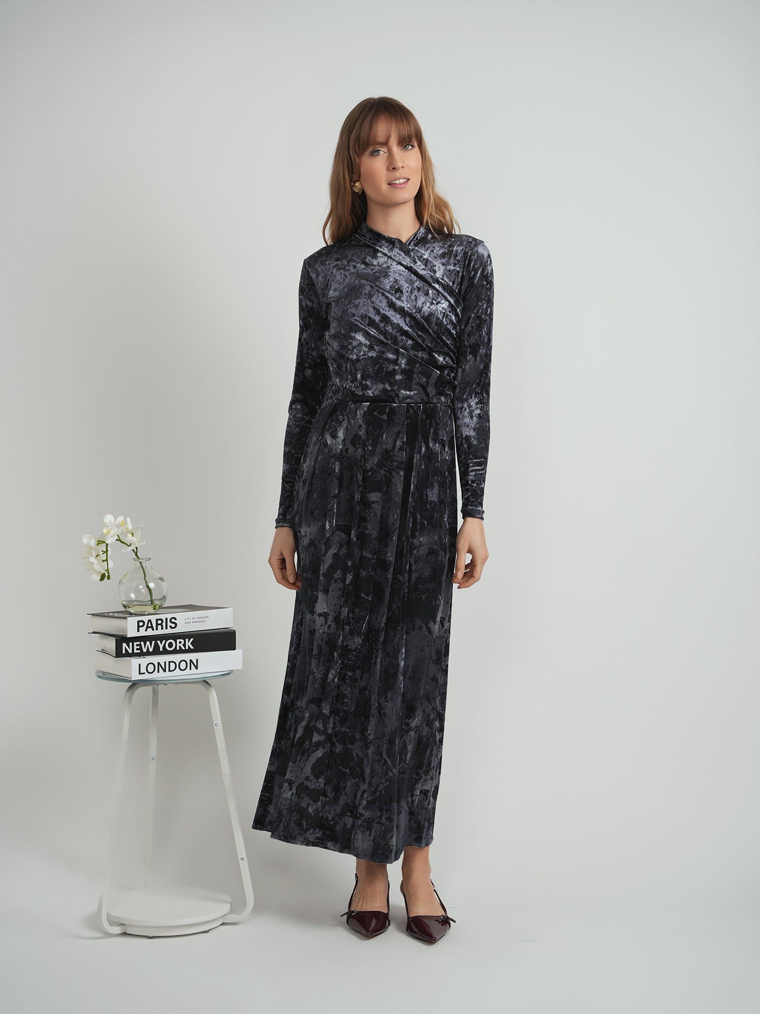 Floral Velour Mock Wrap Maxi Robe in by Vivid