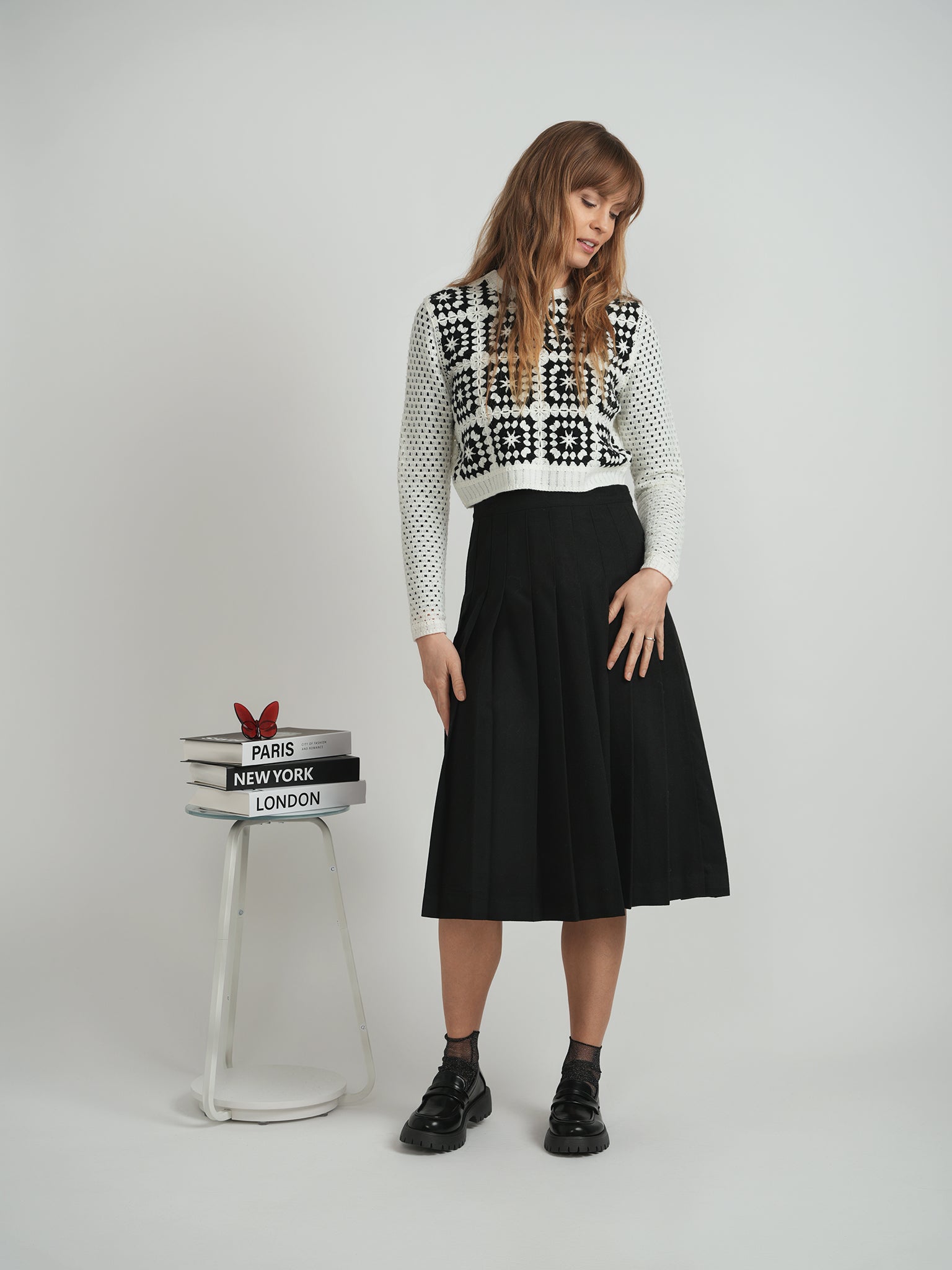 Crochet Design Top in Cream Black by Viva K