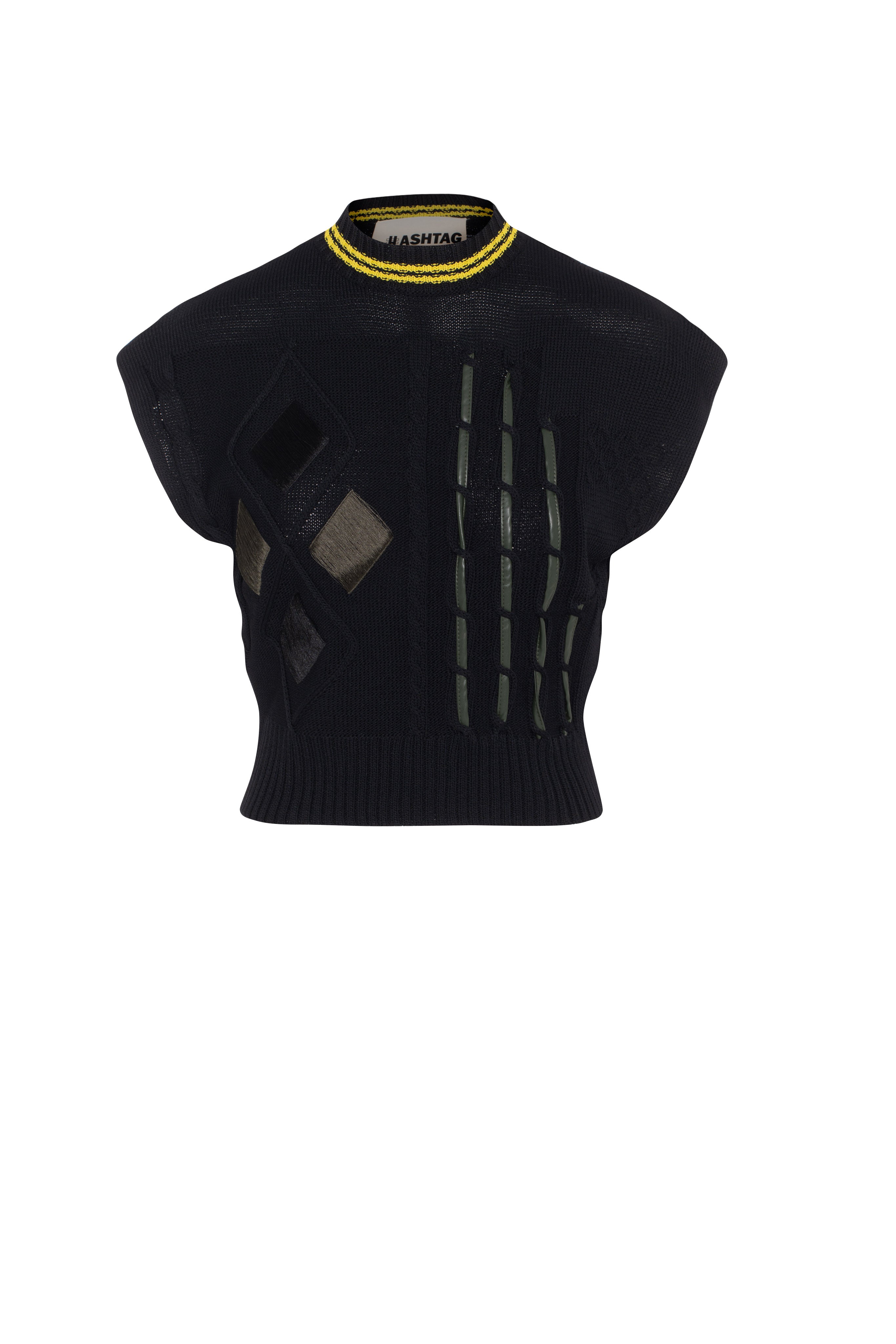 Cable Vest With Horse Hair Leather Trim in Black by Hashtag