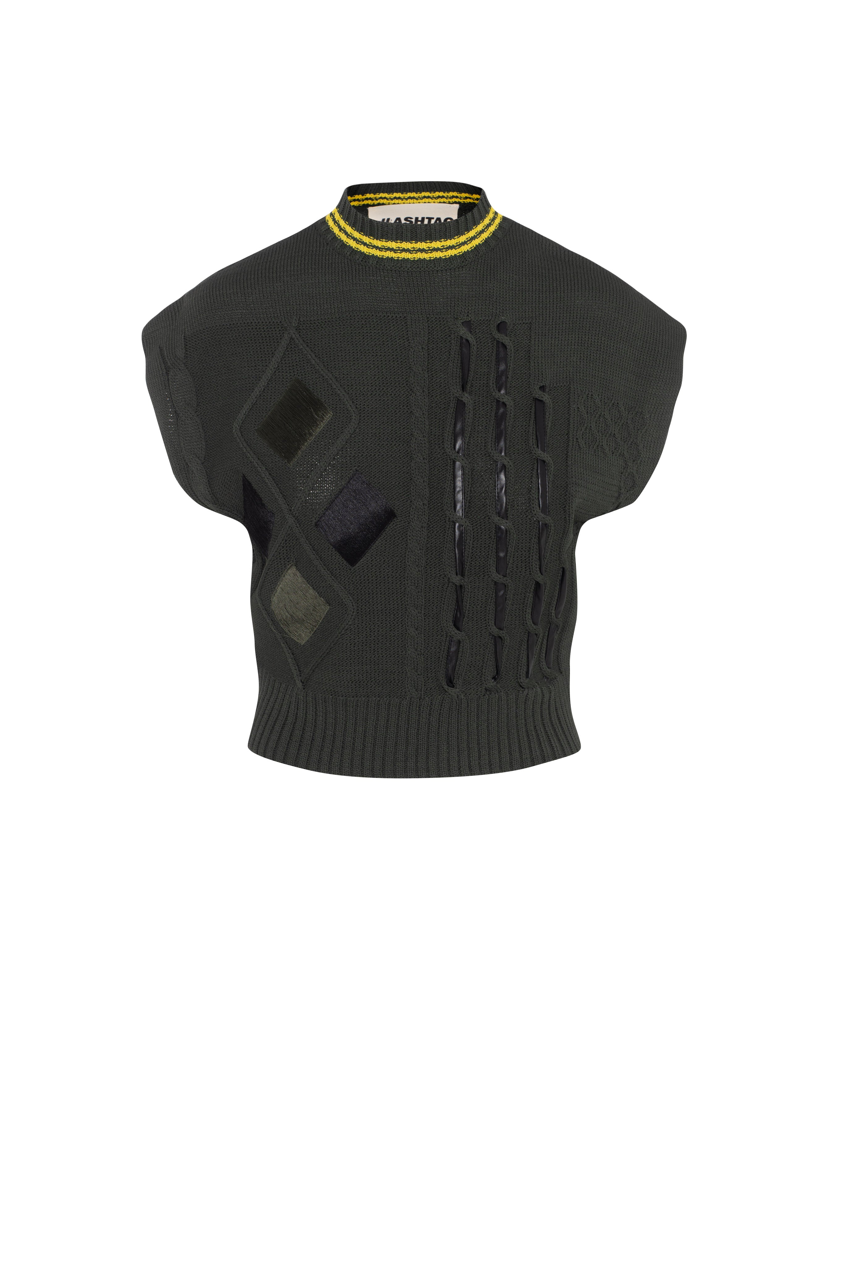 Cable Vest With Horse Hair Leather Trim in Dark Olive by Hashtag