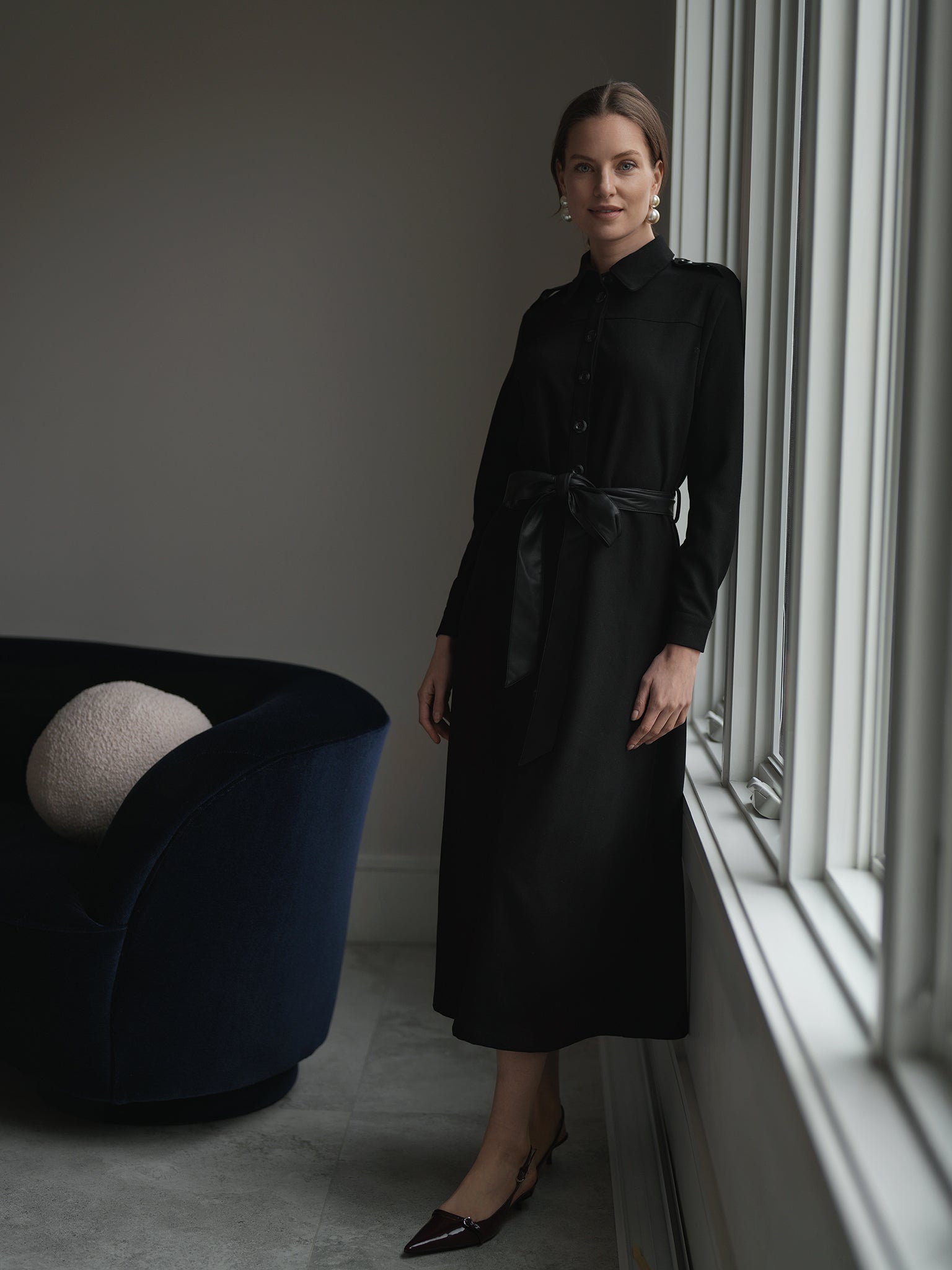 Wool Shirt Dress in Charcoal by Midi