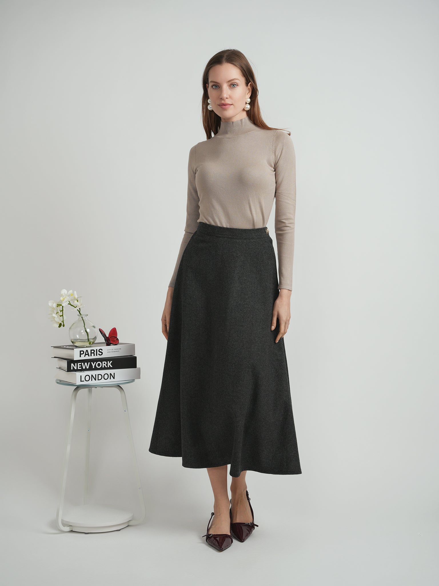Wool Button Side Midi Skirt in Black by Viva K