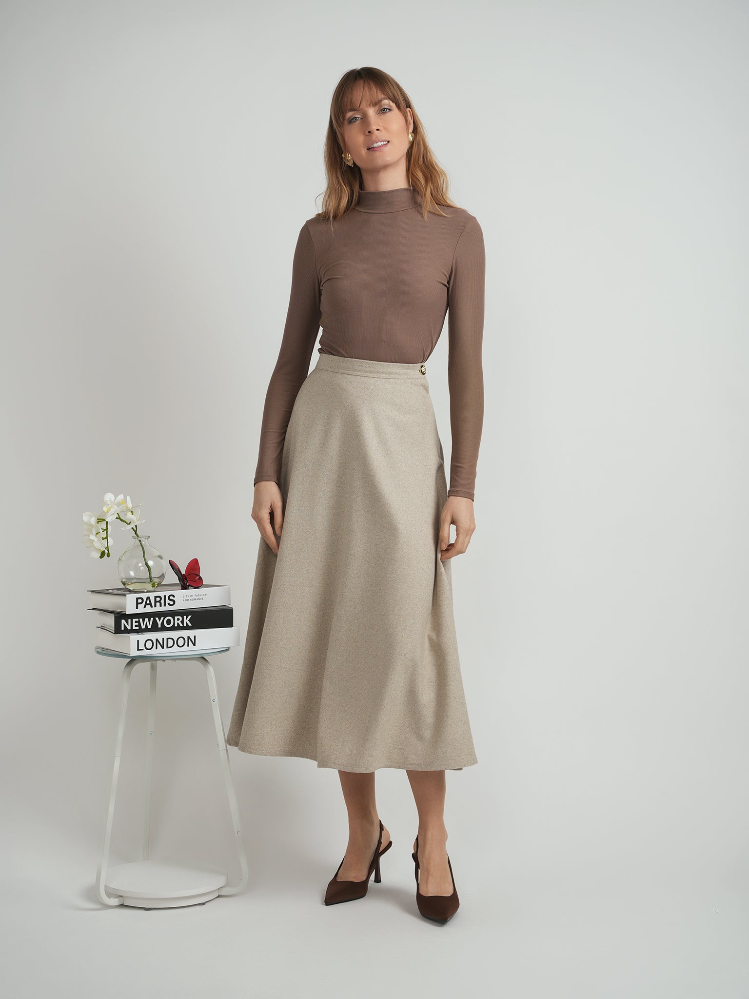 Wool Button Side Midi Skirt in by Viva K