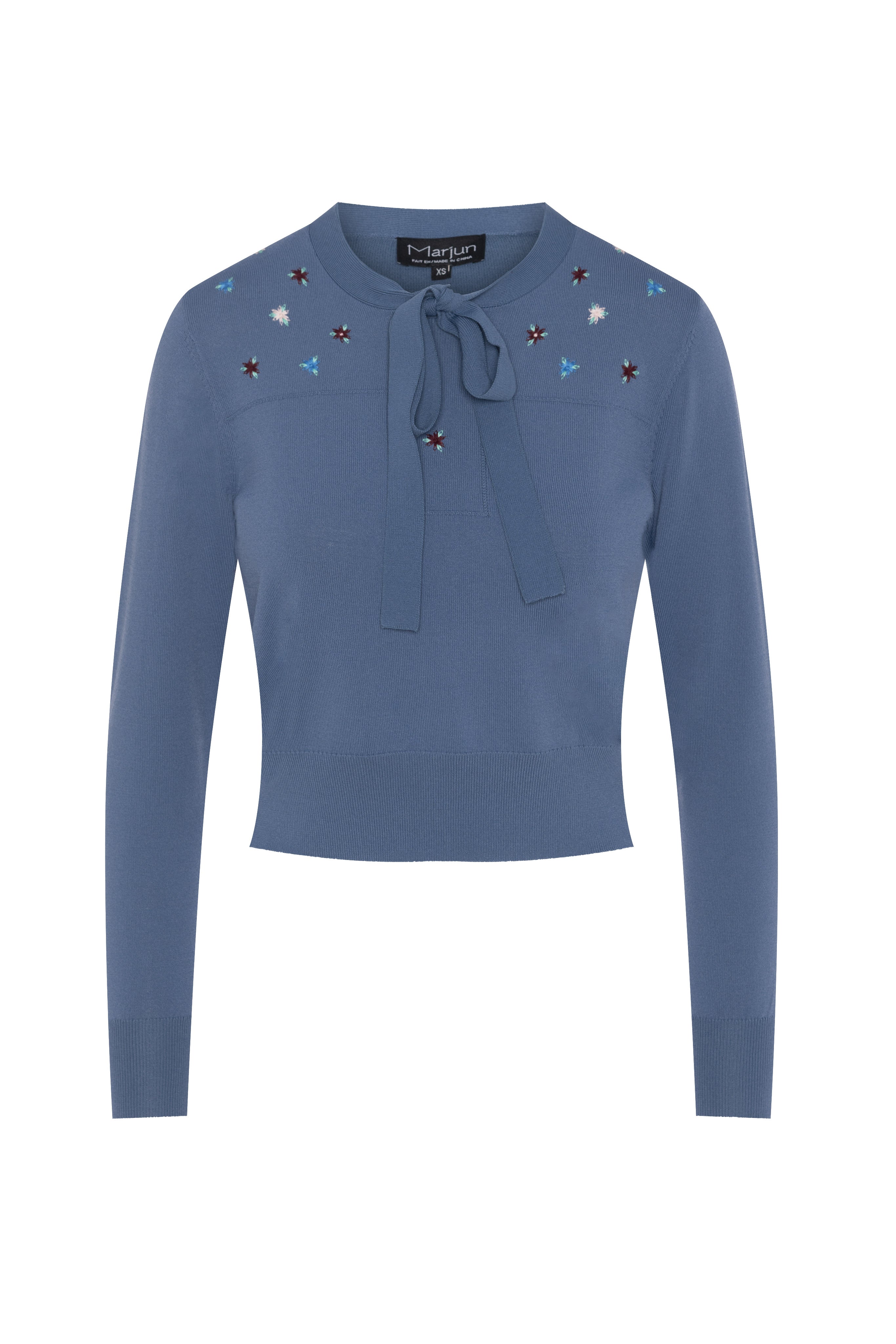 Cropped Embroidered Tie Sweater in Steel Blue by Marjun