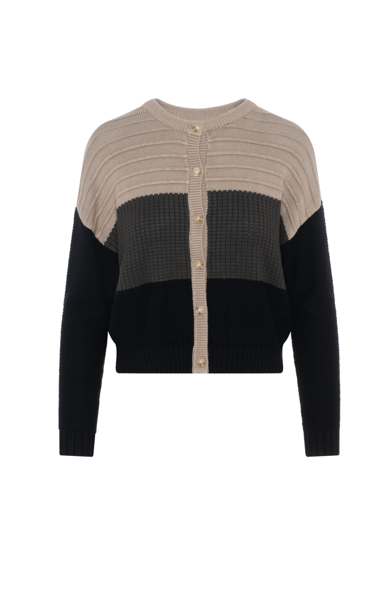 Cropped Knit Color Blocked Cardigan in Oatmeal Dark Olive Black by Hashtag