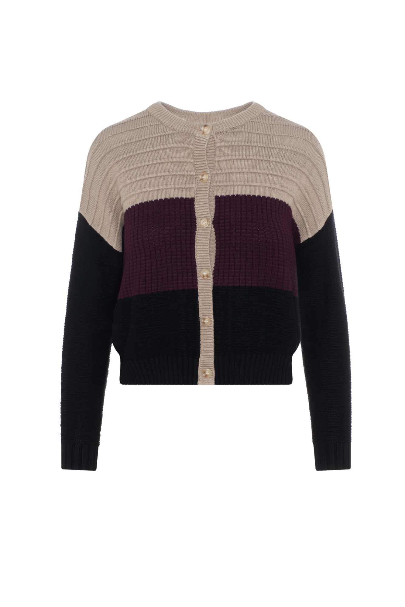 Cropped Knit Color Blocked Cardigan in Oatmeal Dark Wine Black by Hashtag