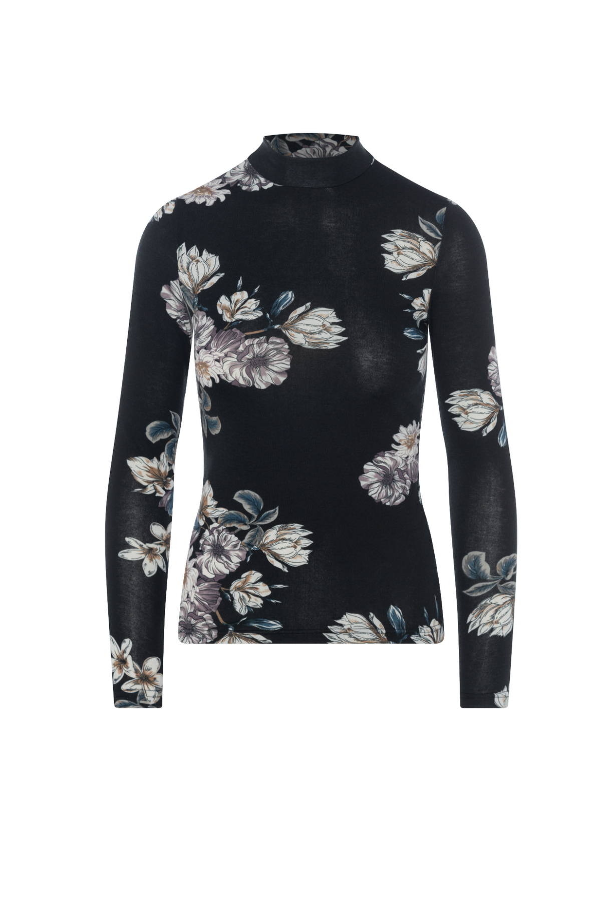 Printed Micro Mock Neck Tee in Black Floral by Riff