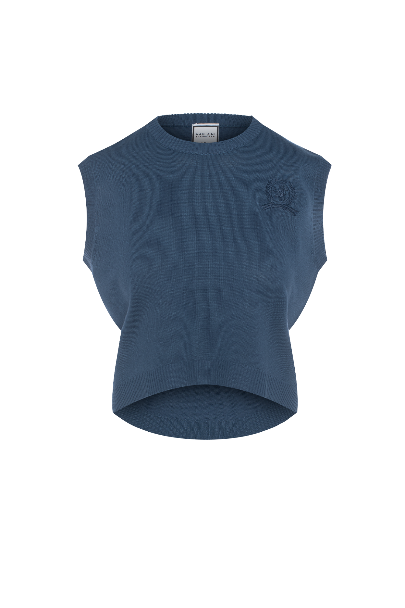 Embrodery Knit High Low Vest in Steel Blue by Milan Italy