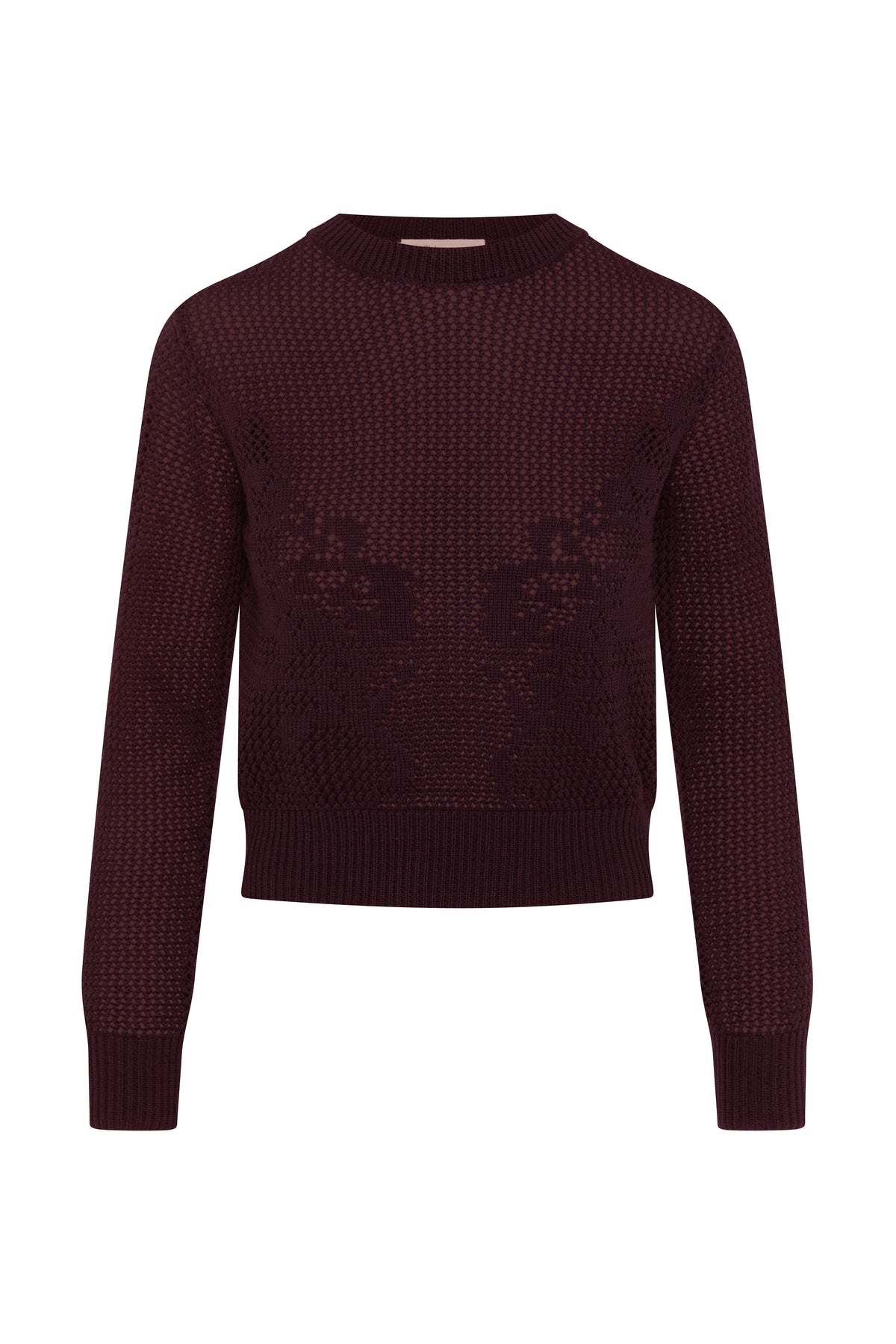 Crochet Design Cropped Sweater in Dark Wine by Club Malibu