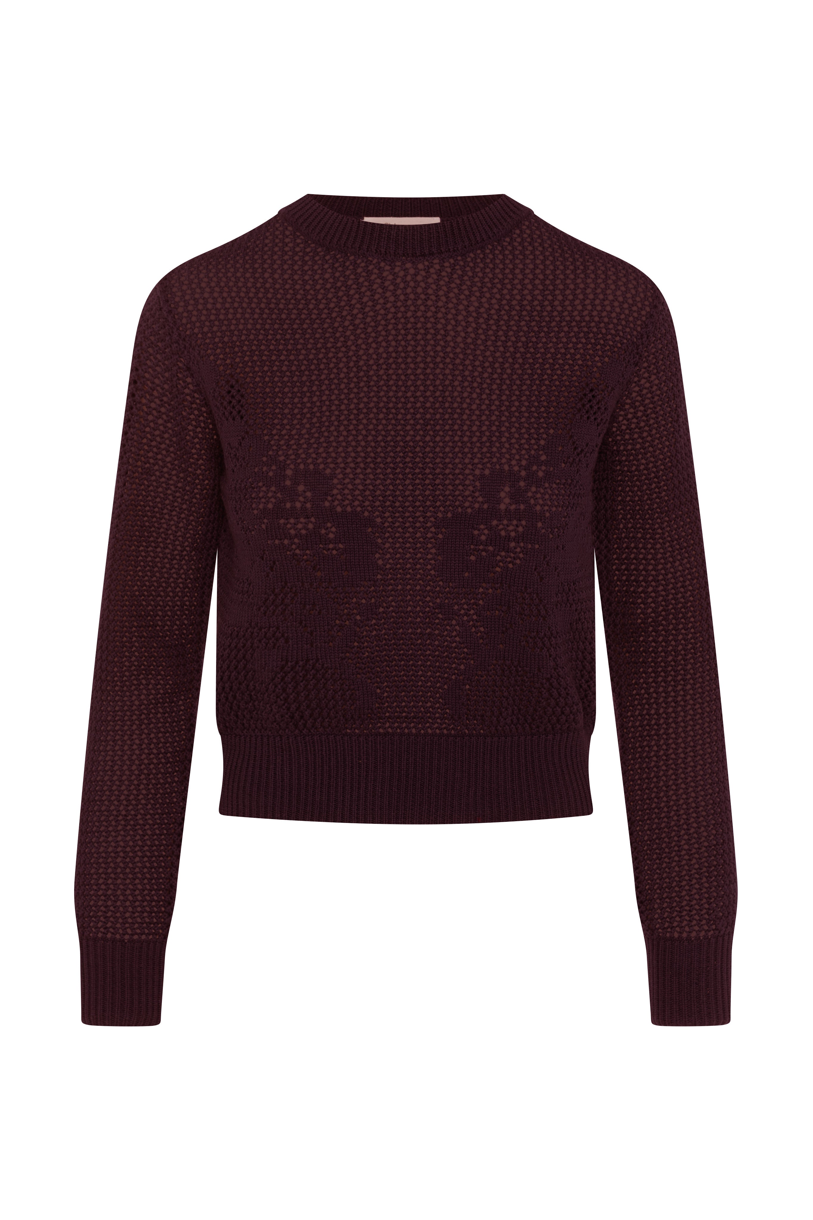 Crochet Design Cropped Sweater in Dark Wine by Club Malibu