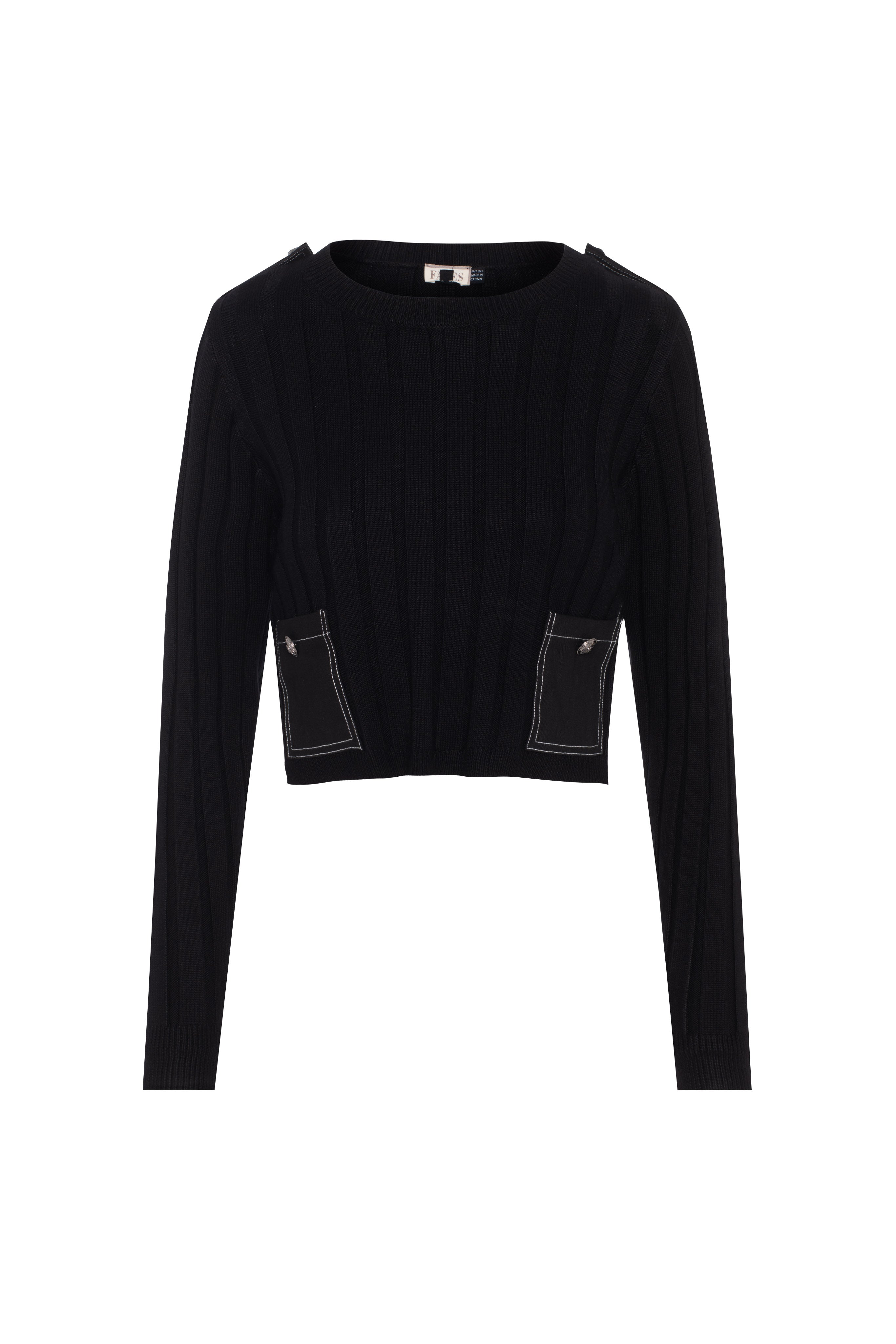 Ribbed Knit Denim Combo Sweater in Black by Faves