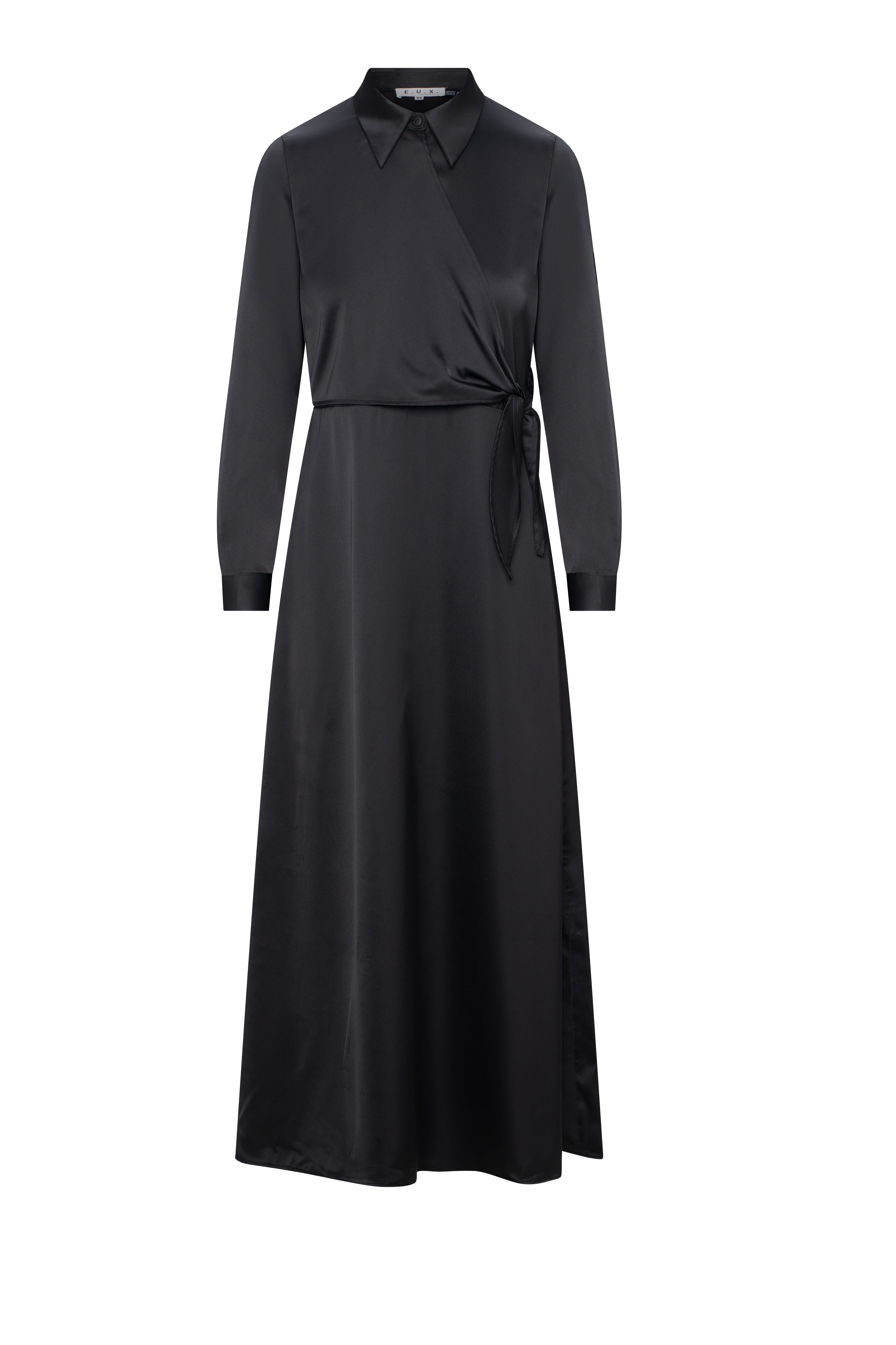 Maxi Satin Wrap Shirt Dress in Black by E.U.X. Exclusive