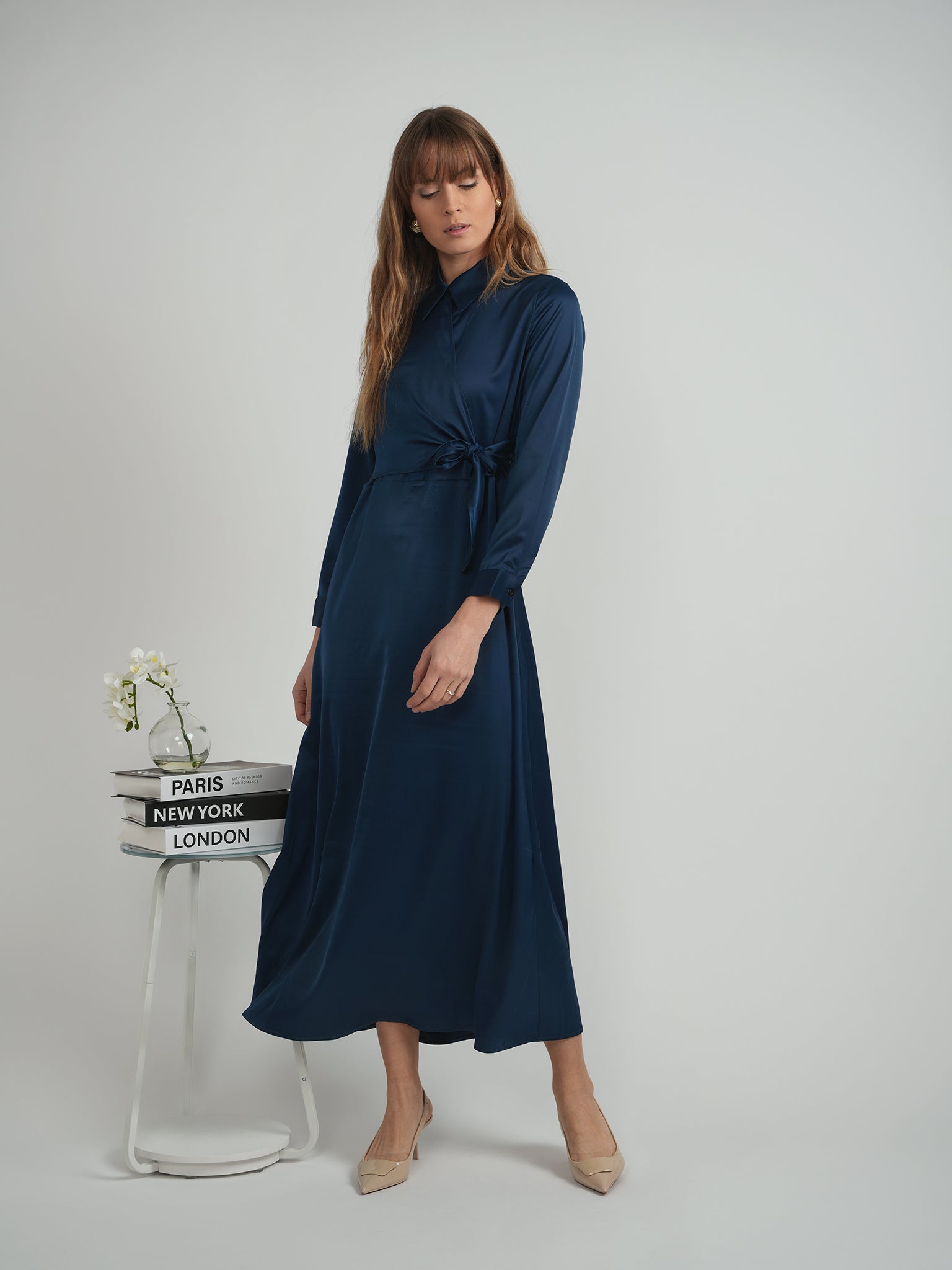 Maxi Satin Wrap Shirt Dress - Elegant, Timeless Style Maxi Satin Wrap Shirt Dress - Elegant, Timeless Style