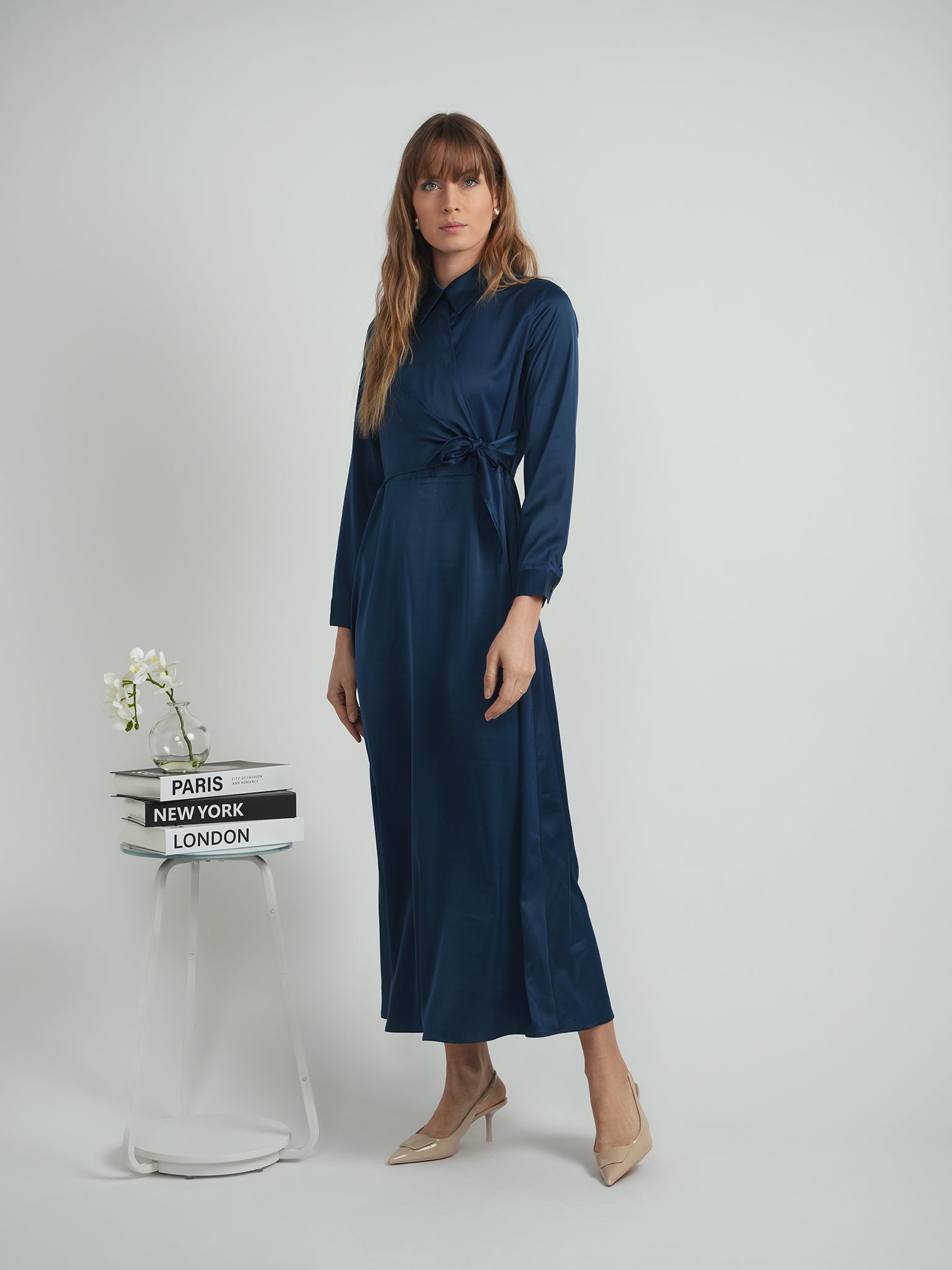 Maxi Satin Wrap Shirt Dress in by E.U.X. Exclusive