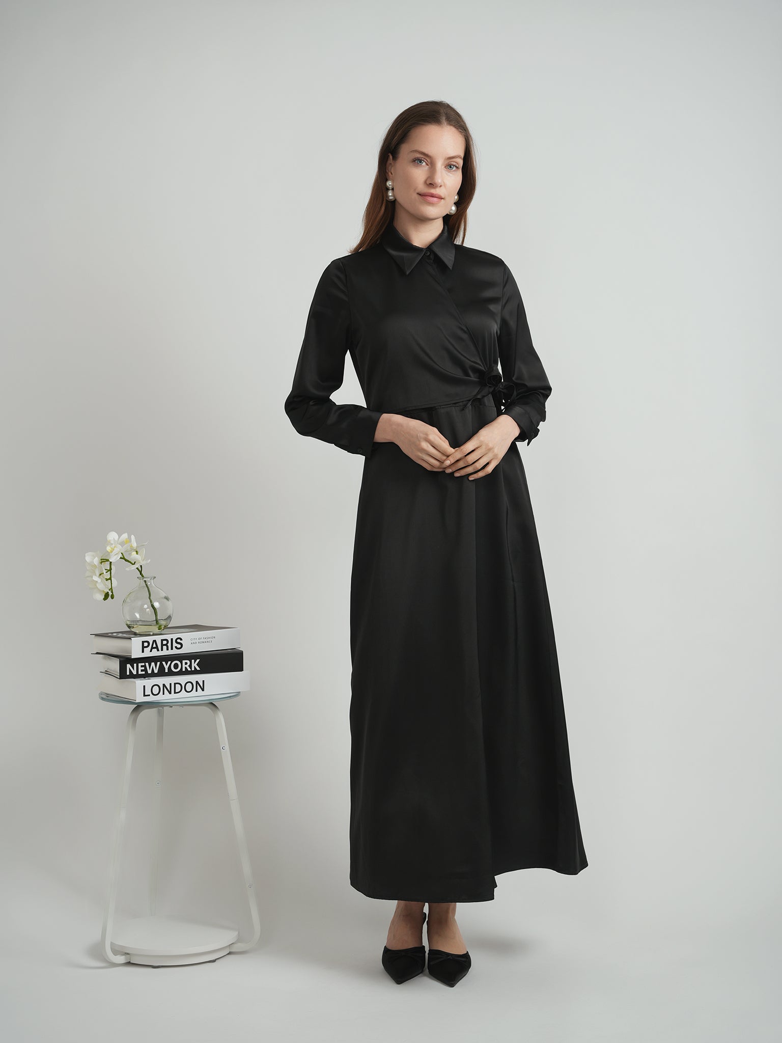 Maxi Satin Wrap Shirt Dress in by E.U.X. Exclusive