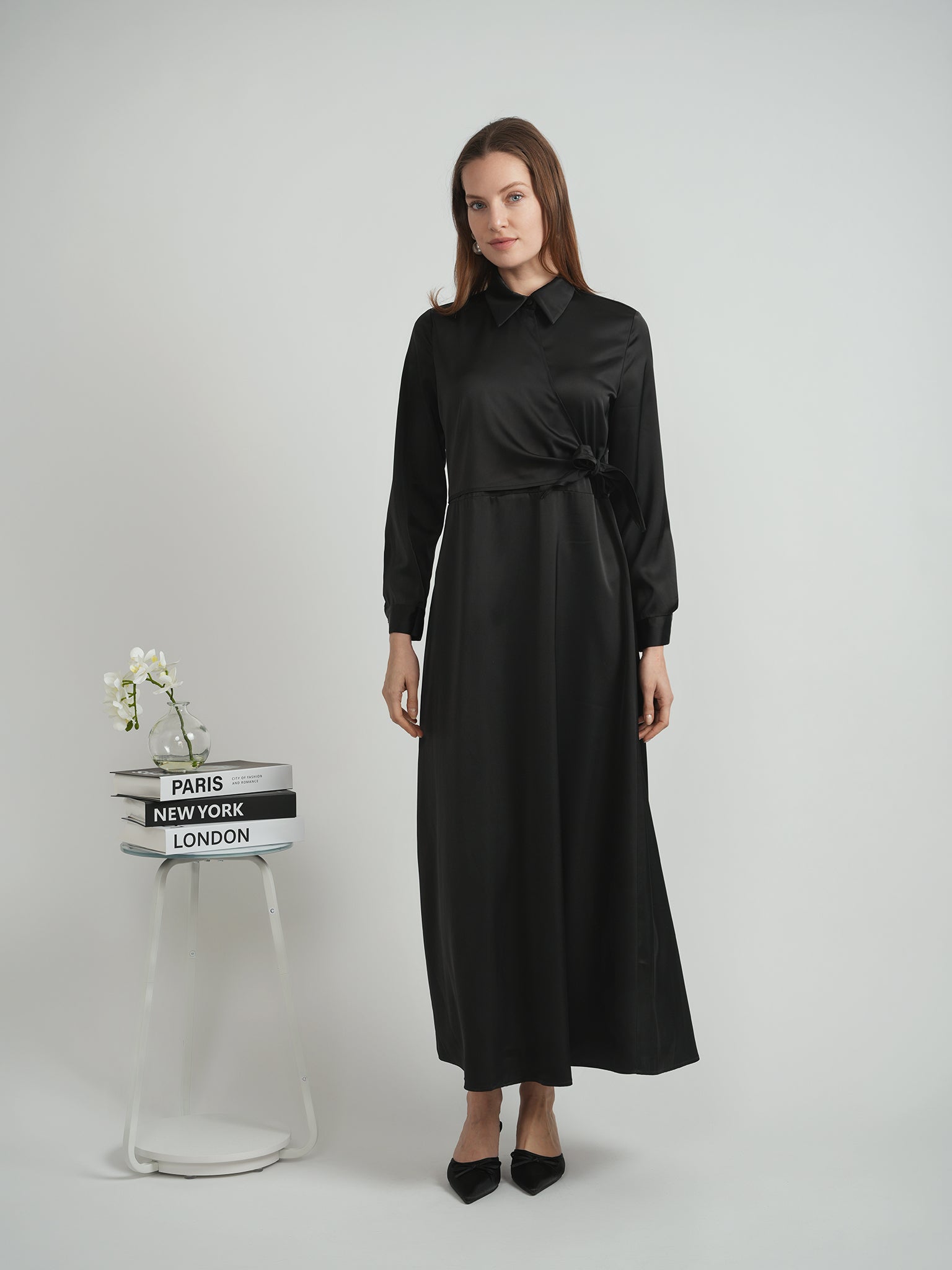 Maxi Satin Wrap Shirt Dress in Black by E.U.X. Exclusive