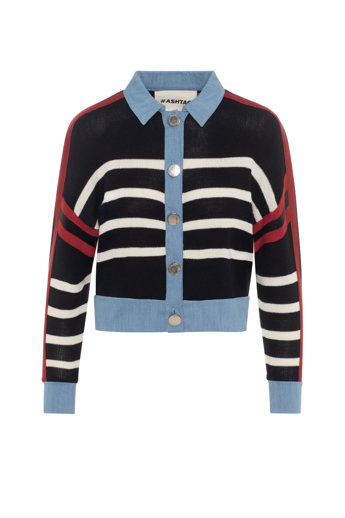 Striped Knit Denim Combo Cardigan in Black Cream by Hashtag