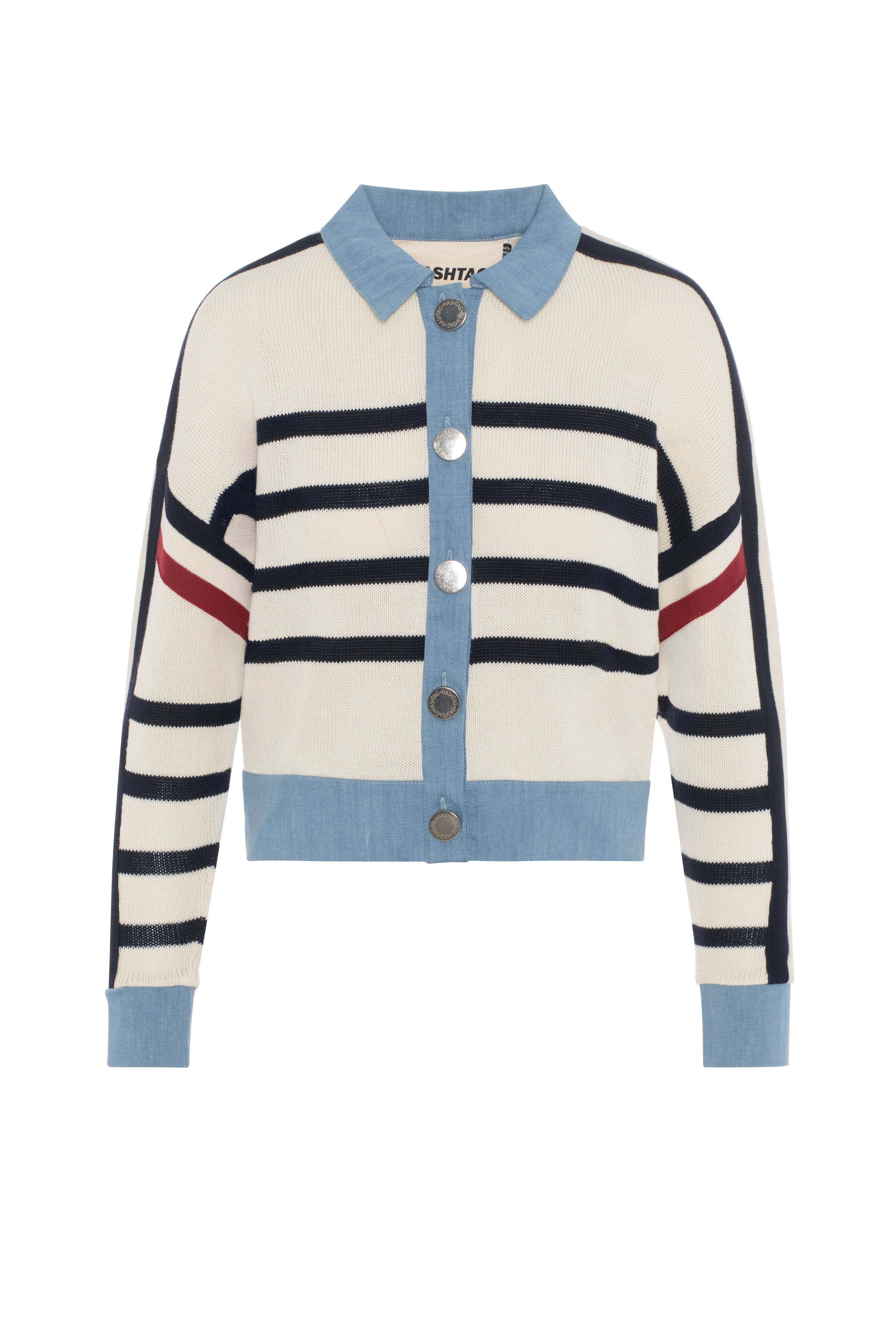 Striped Knit Denim Combo Cardigan in Cream Navy by Hashtag