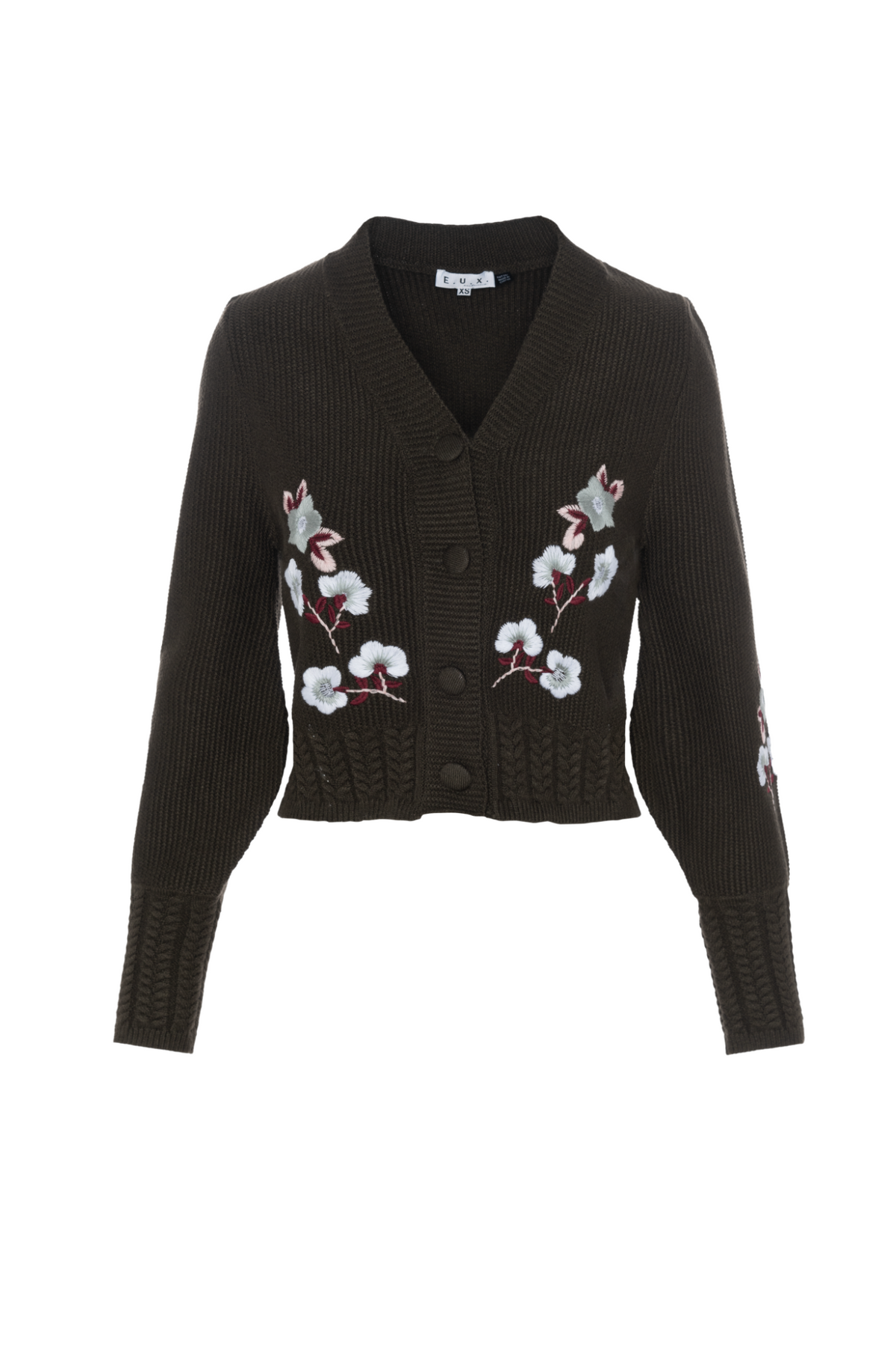 Embroidered Cropped Cardigan in Dark Olive by E.U.X. Exclusive