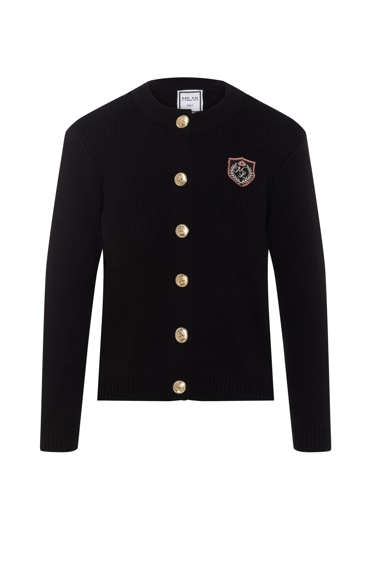 Emblem Knit Cardigan in Black by Milan Italy