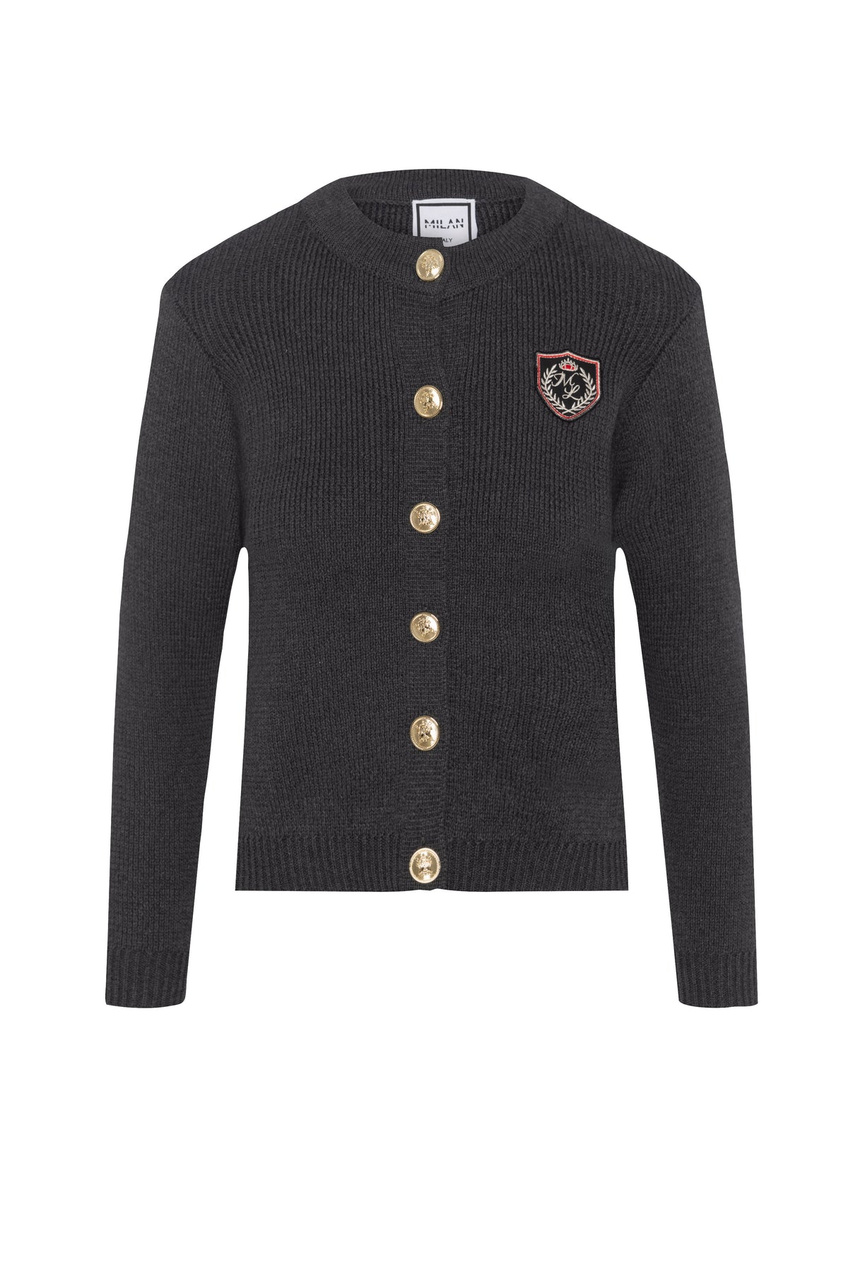 Emblem Knit Cardigan in Charcoal Mix by Milan Italy