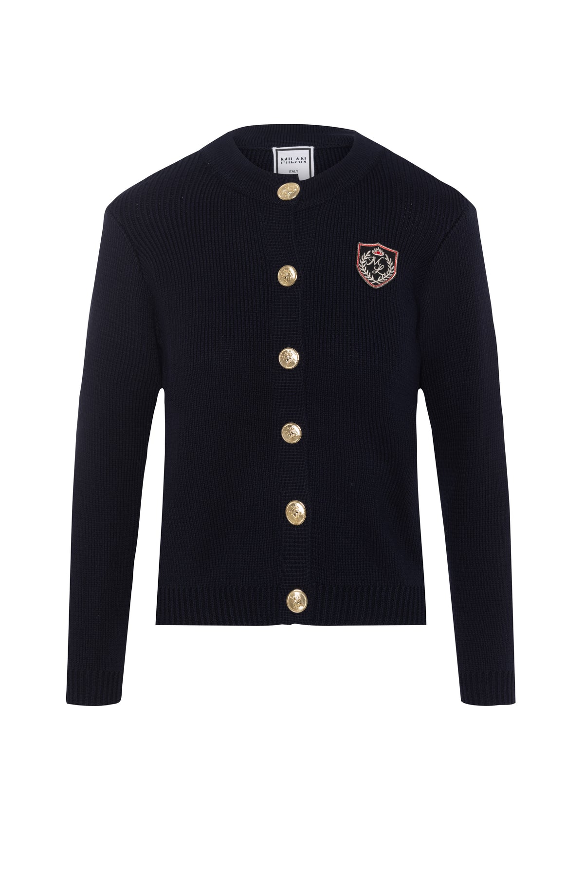 Emblem Knit Cardigan in Dark Navy by Milan Italy