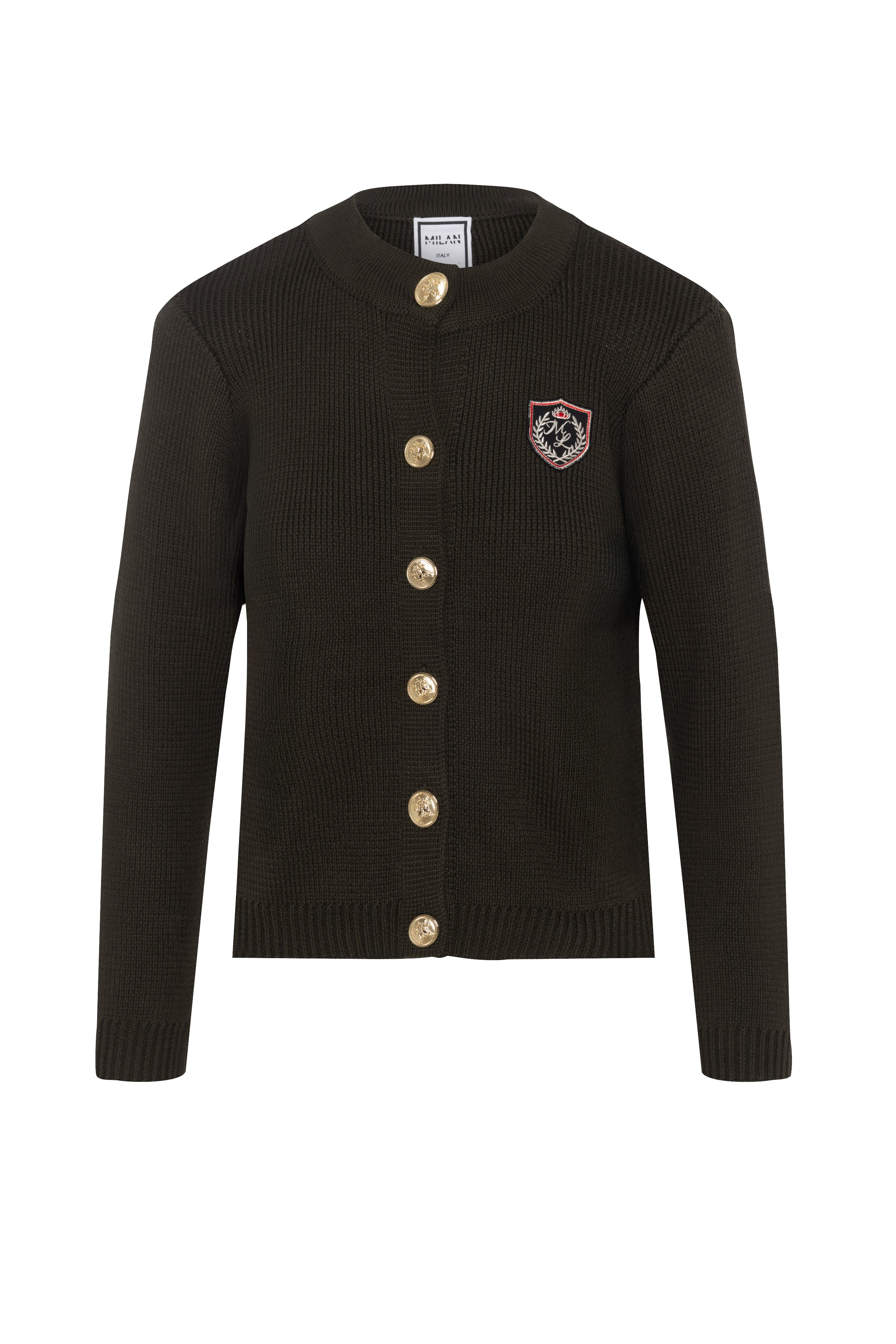 Emblem Knit Cardigan in Dark Olive by Milan Italy