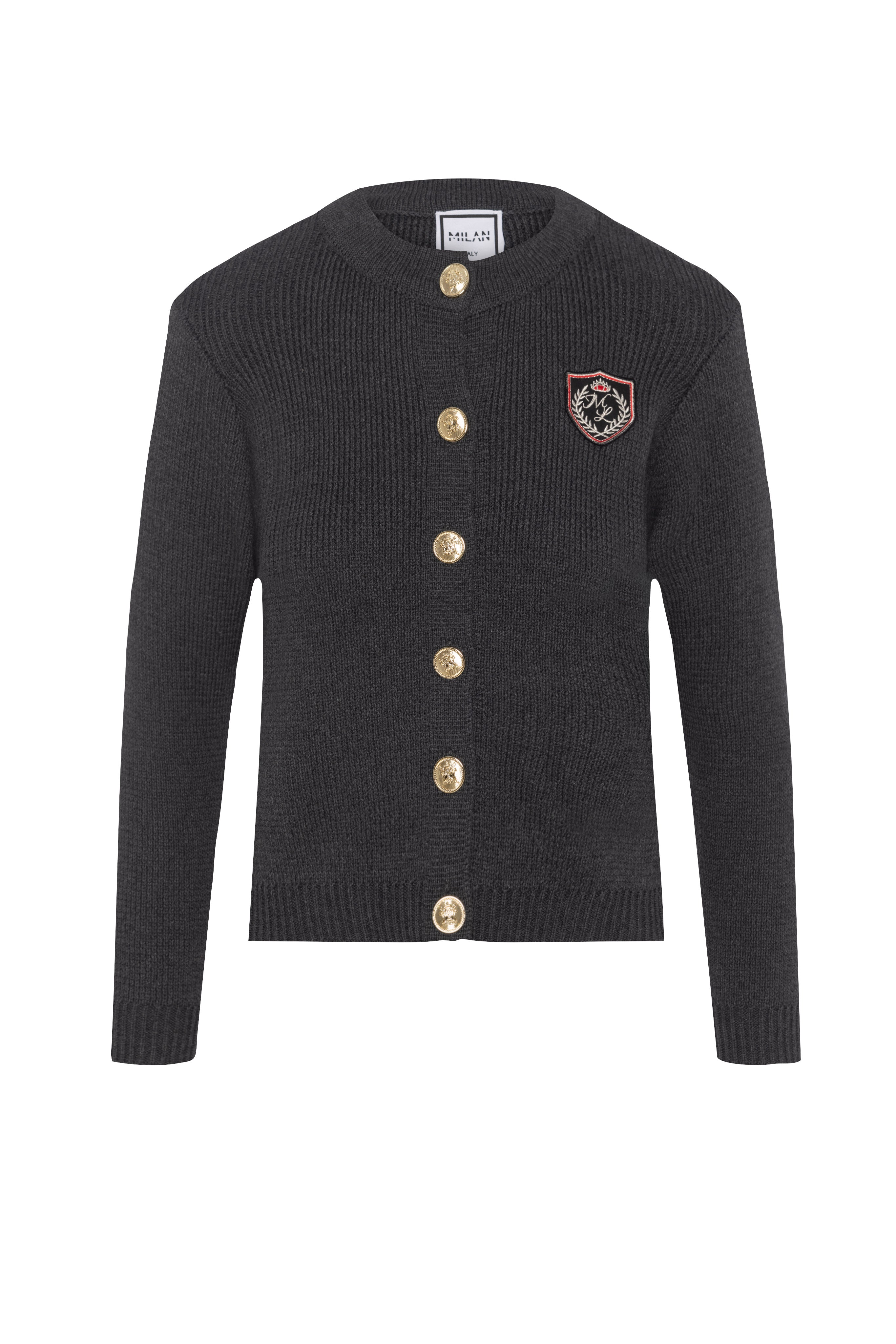 Emblem Knit Cardigan in Charcoal Mix by Milan Italy