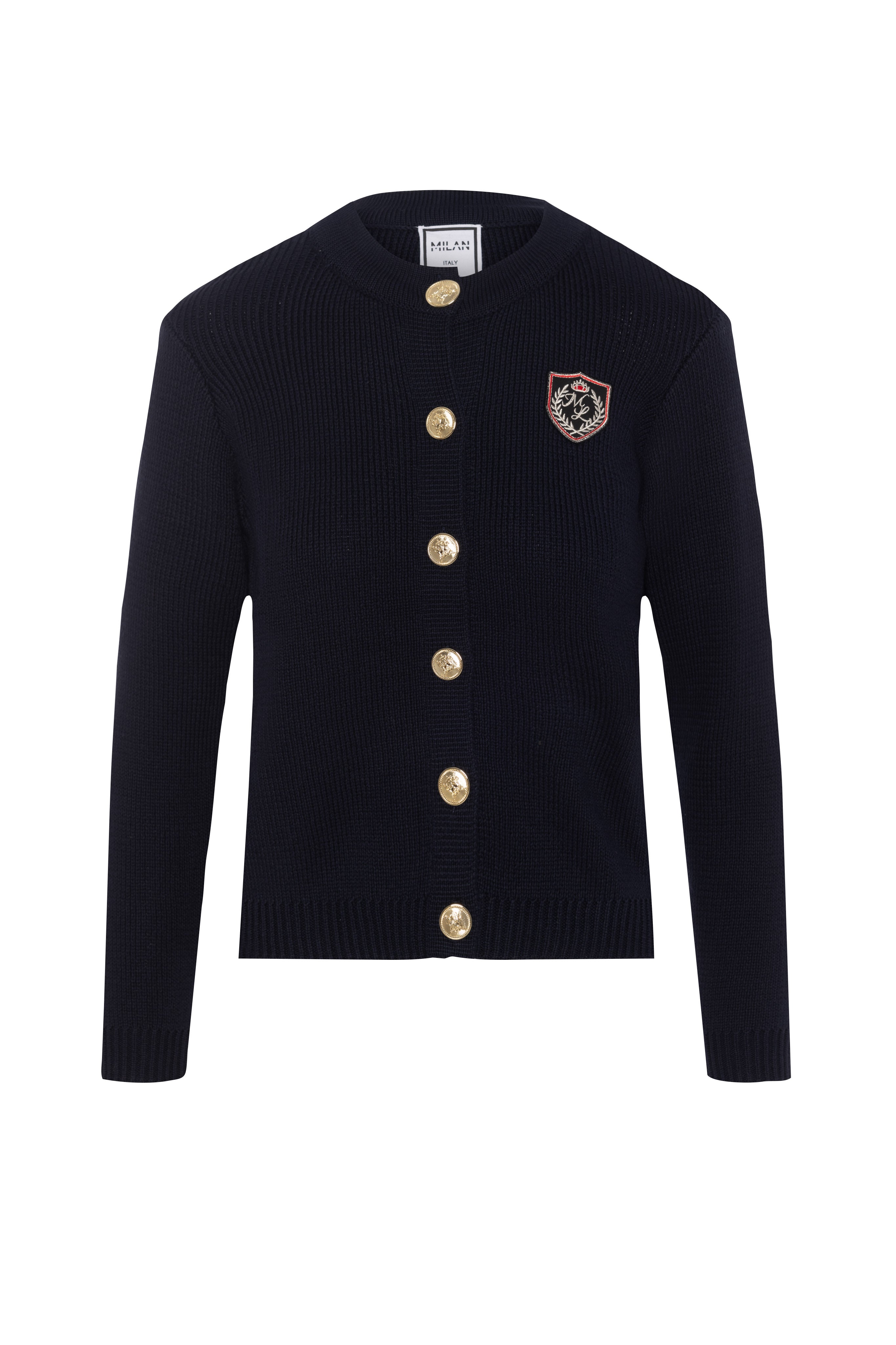 Emblem Knit Cardigan in Dark Navy by Milan Italy