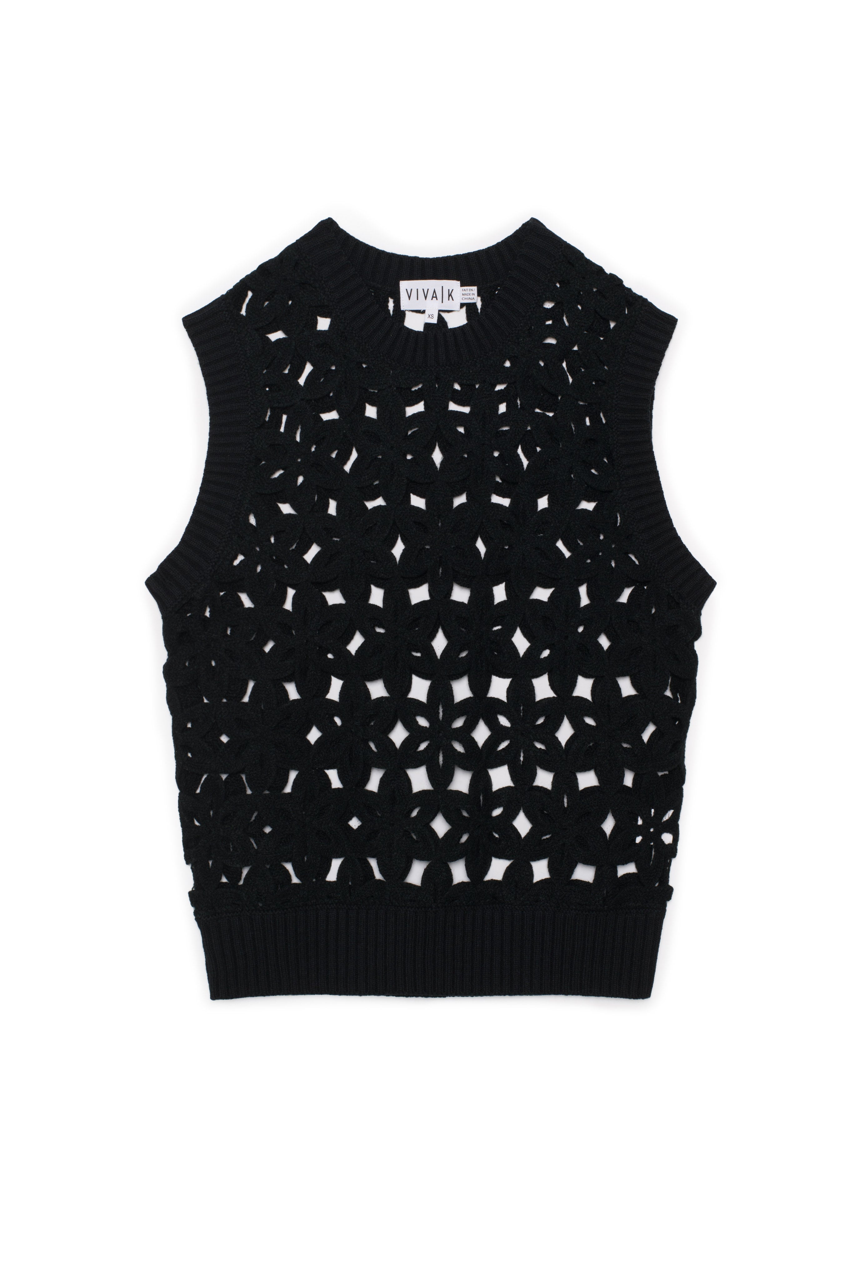Flower Crochet Knit Vest in Black by Viva K