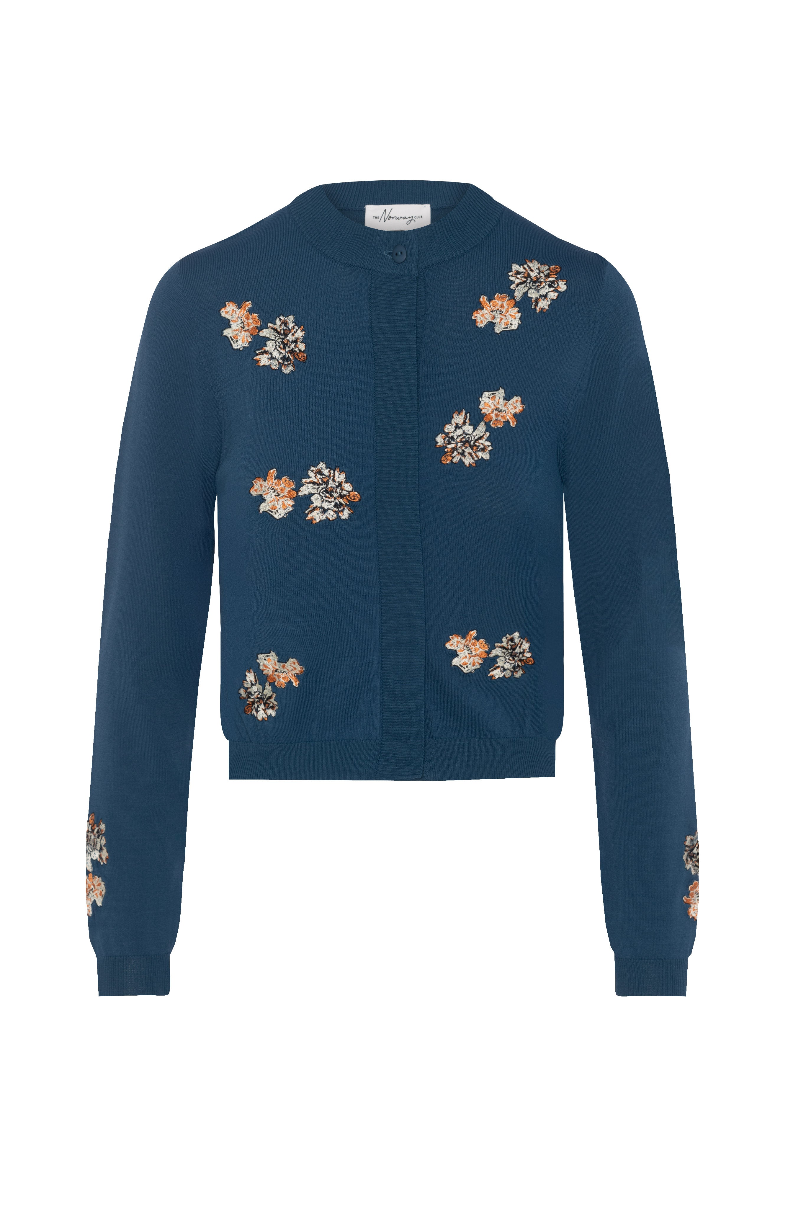 Embroidered Knit Cropped Cardigan in Midnight Blue Rust by The Norway Club