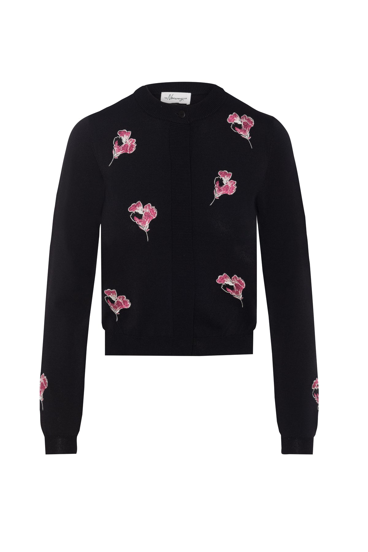 Embroidered Knit Cropped Cardigan in Black Pink by The Norway Club