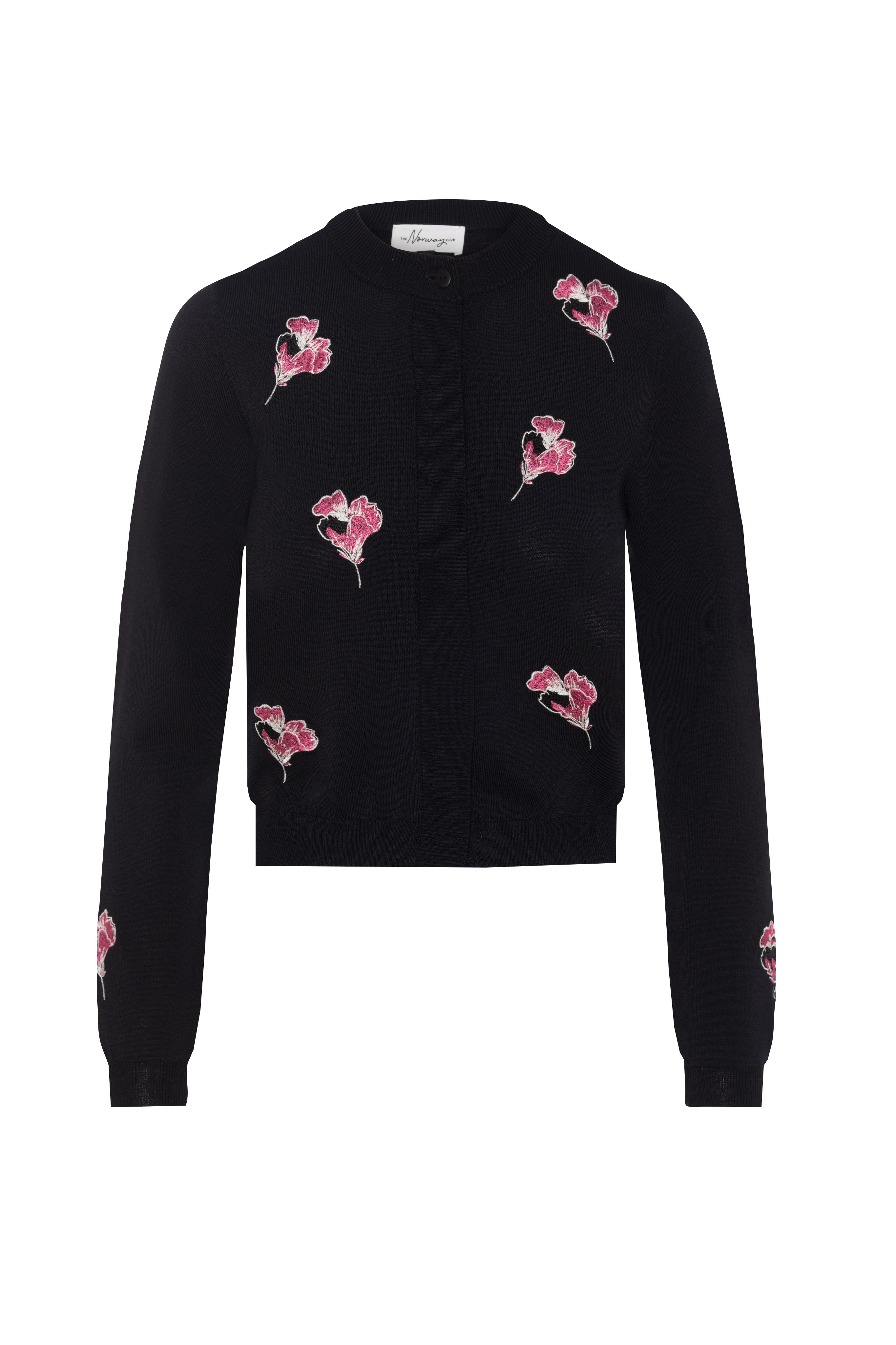 Embroidered Knit Cropped Cardigan in Black Pink by The Norway Club