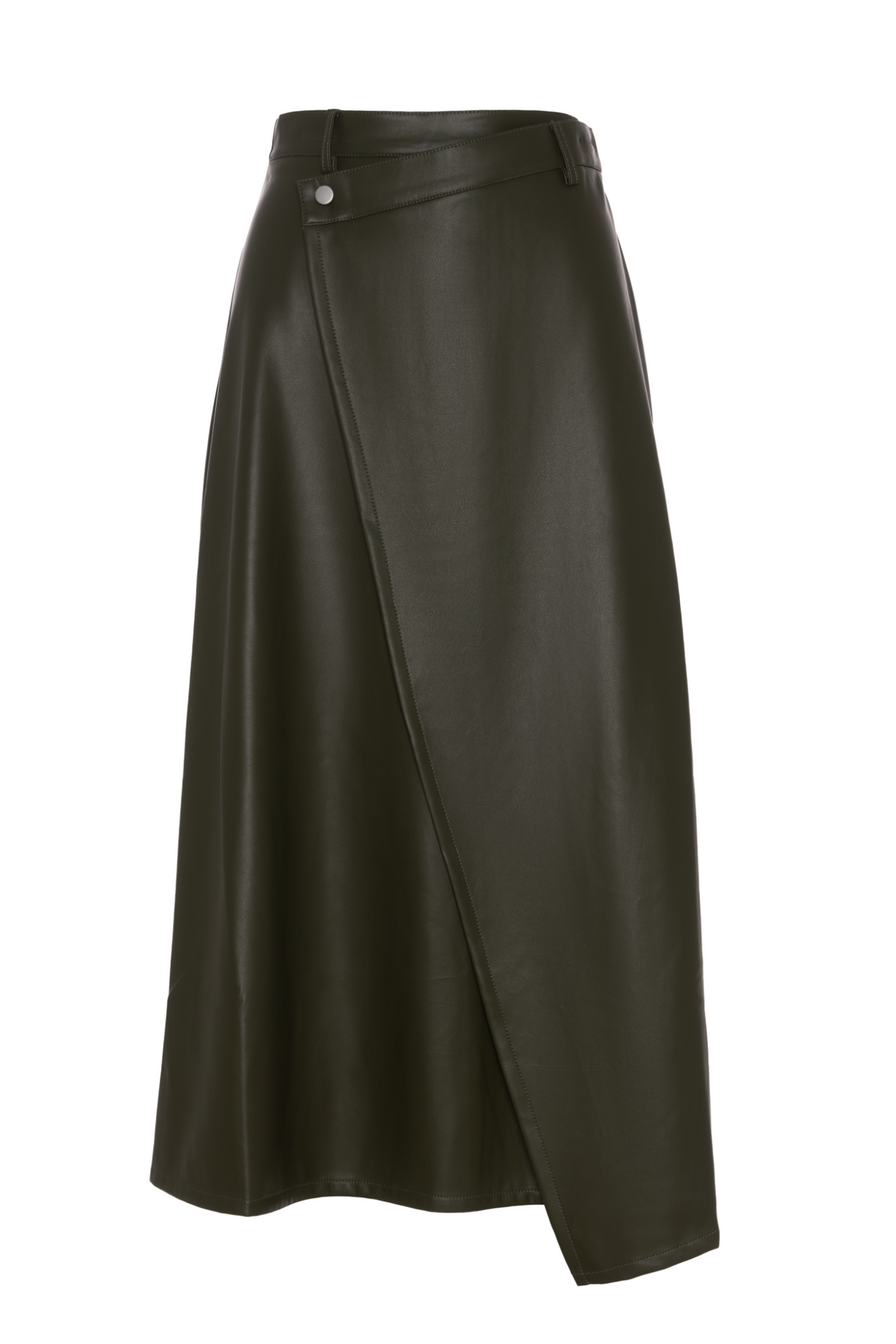 Leather Wrap Midi Skirt in Dark Olive by Faves