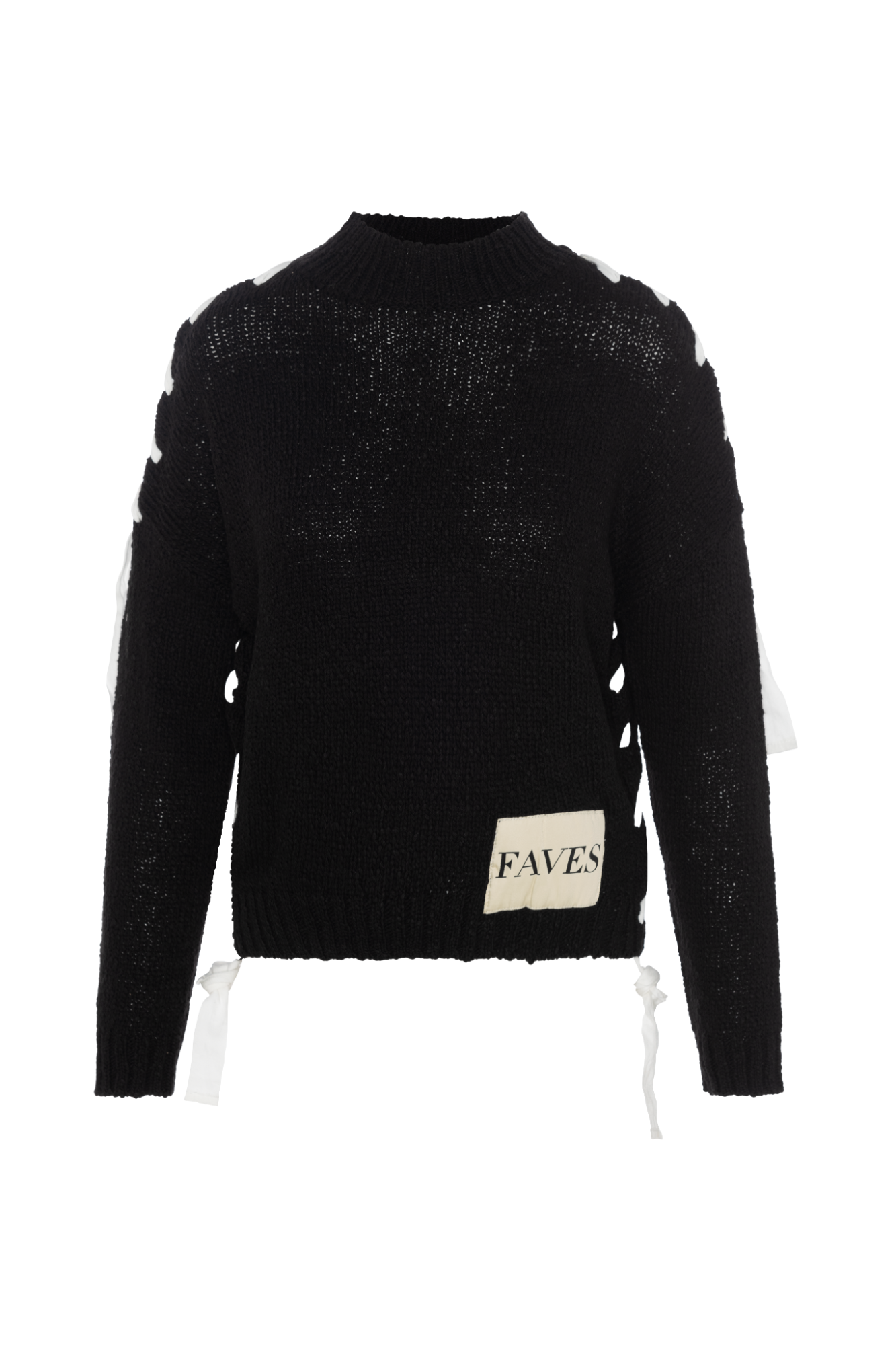 Mock Neck Ribbon Sweater in Black by Faves